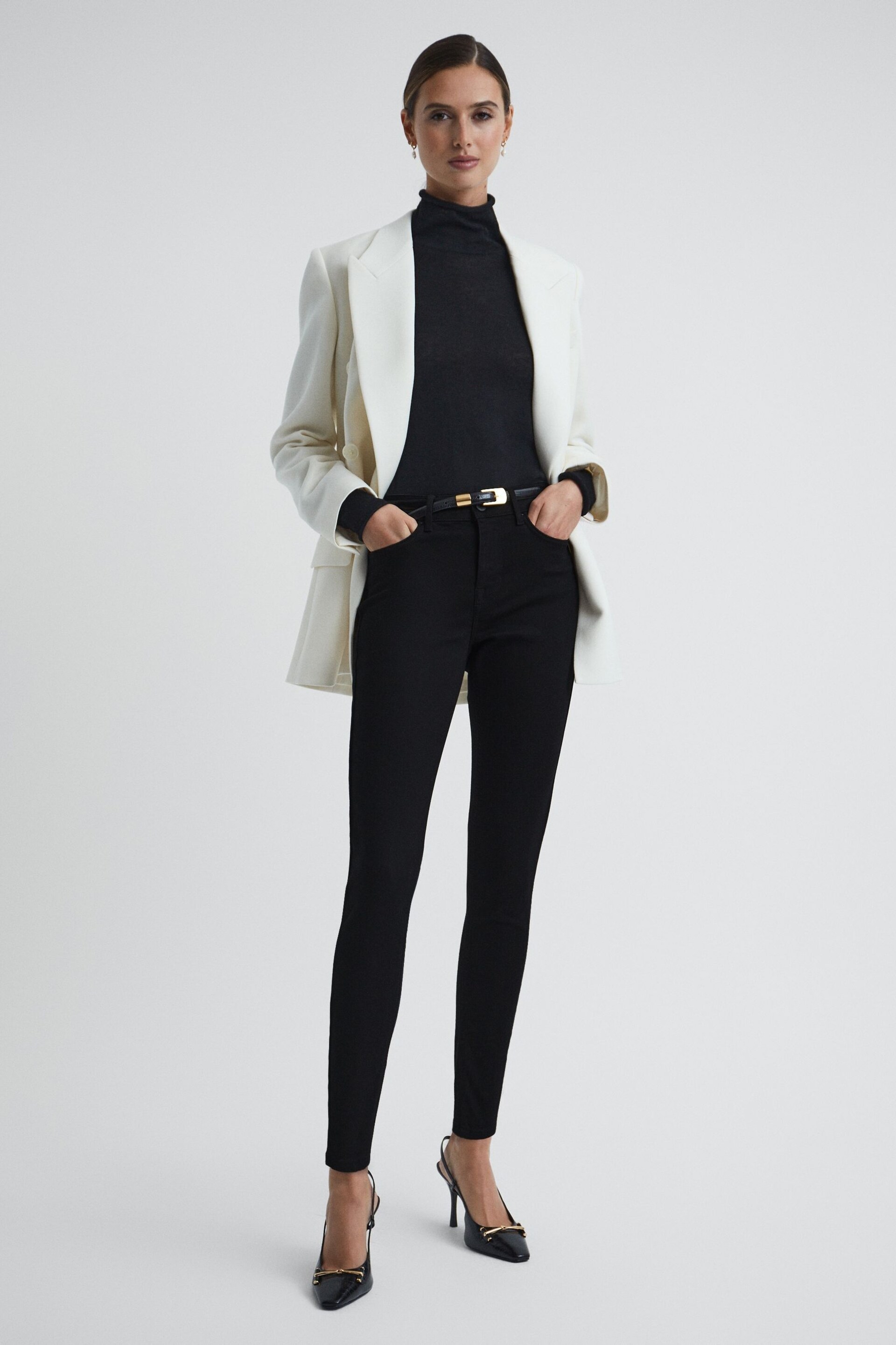 Reiss Black Lux Mid Rise Skinny Jeans - Image 1 of 4