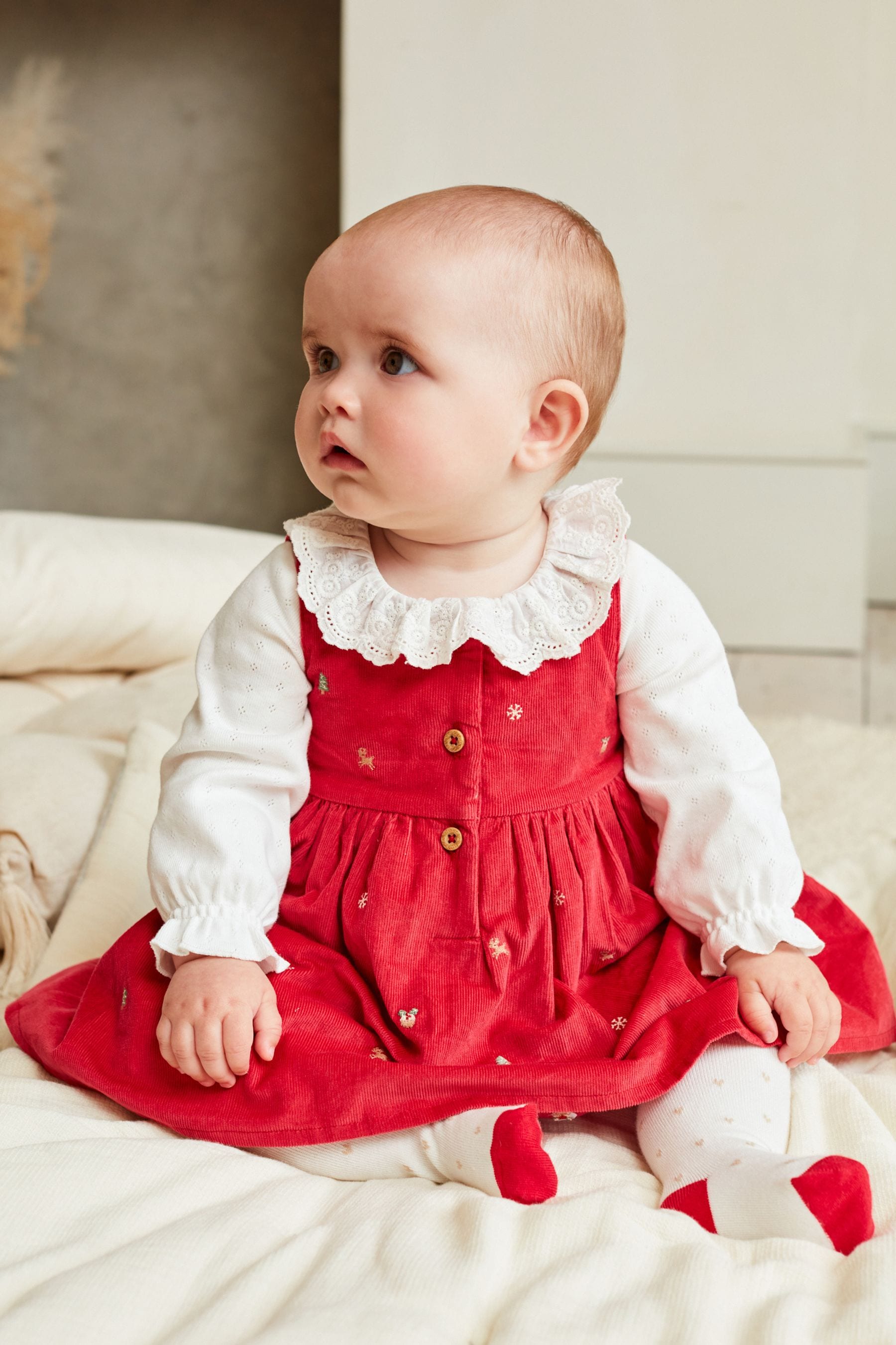 Baby red pinafore dress store