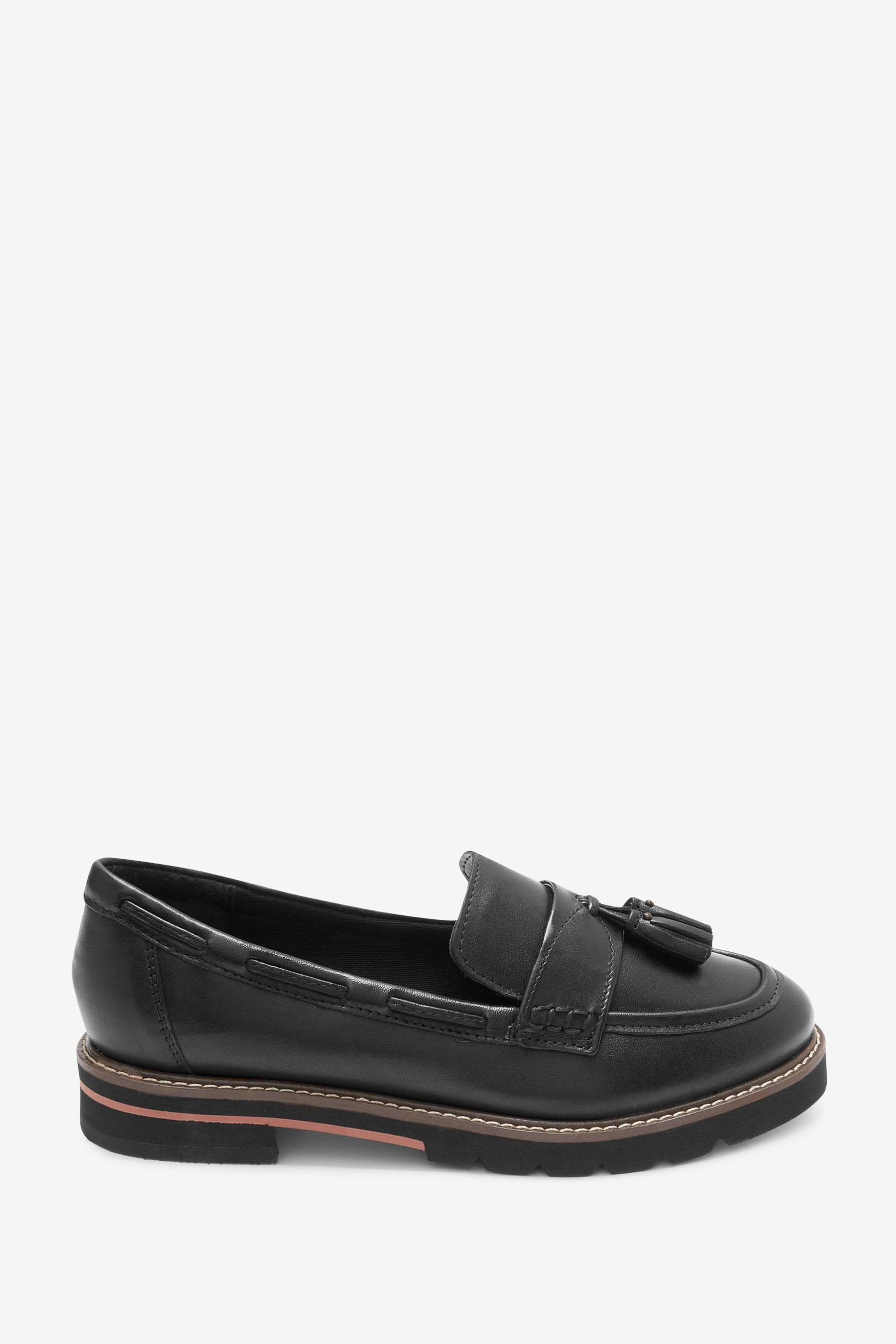 Black leather tassel loafers sales