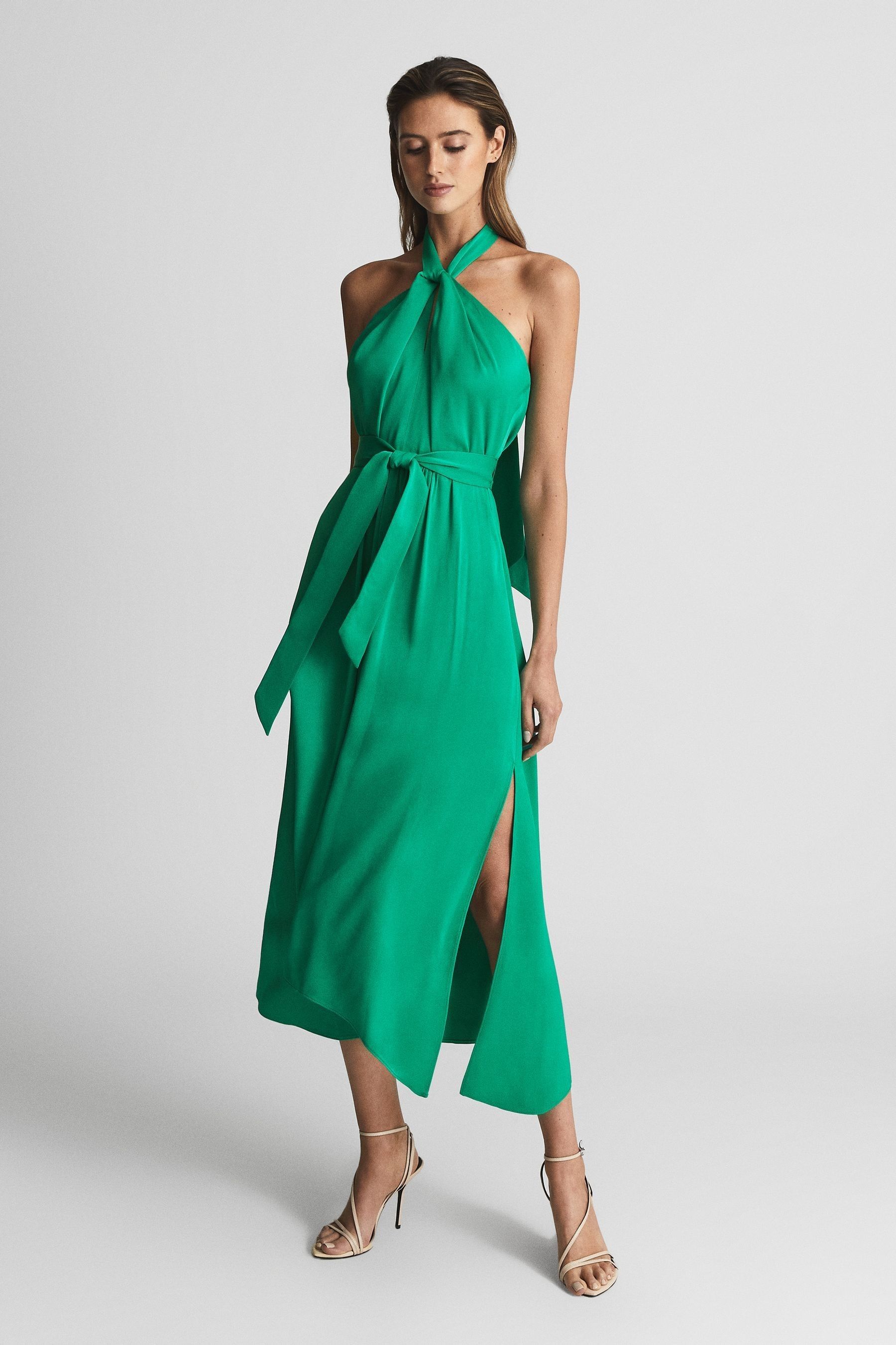 Reiss Green Evvie Tie Waist Halterneck Midi Dress