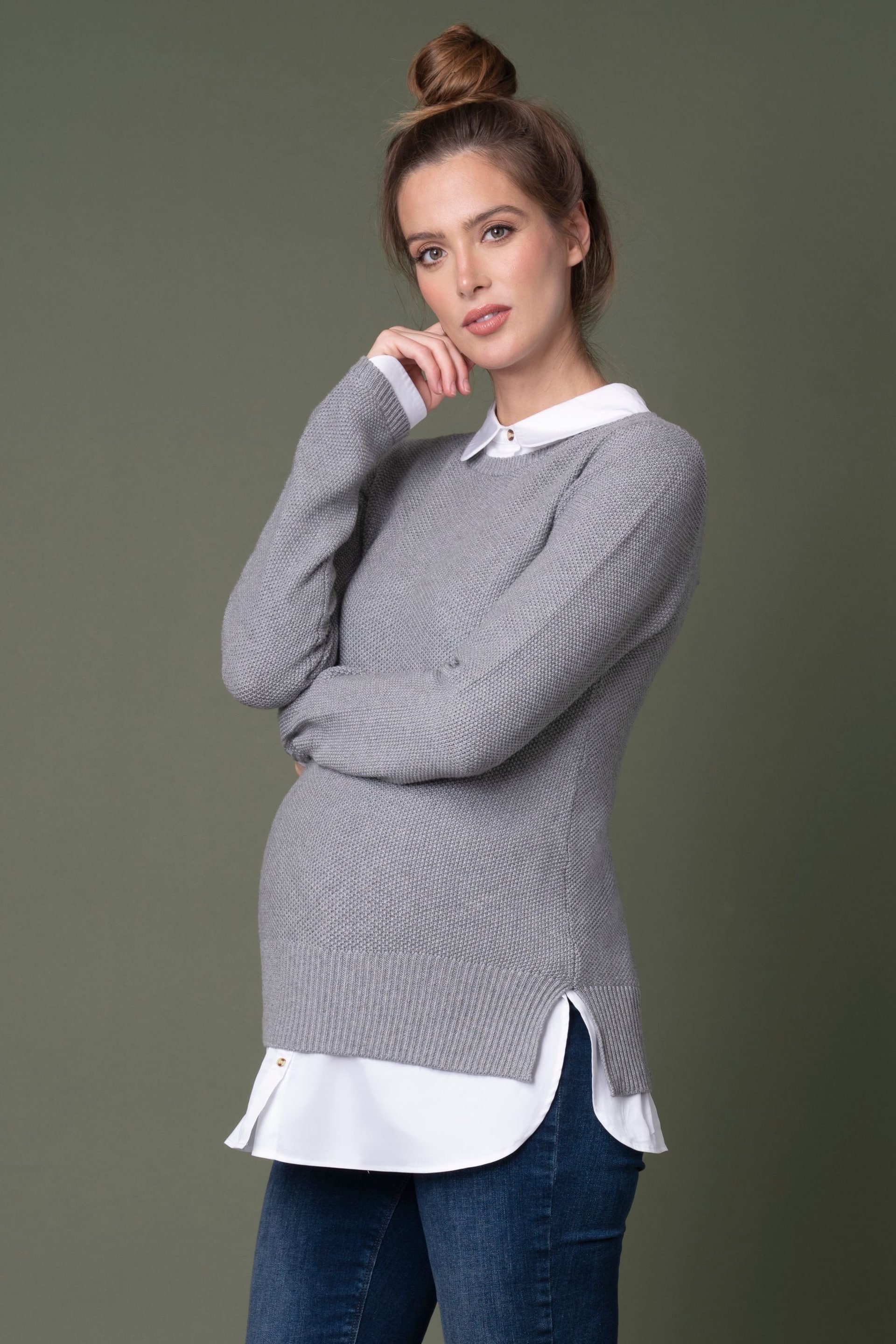 Seraphine Grey Mock Shirt Cotton Mix Maternity And Nursing Jumper - Image 1 of 4