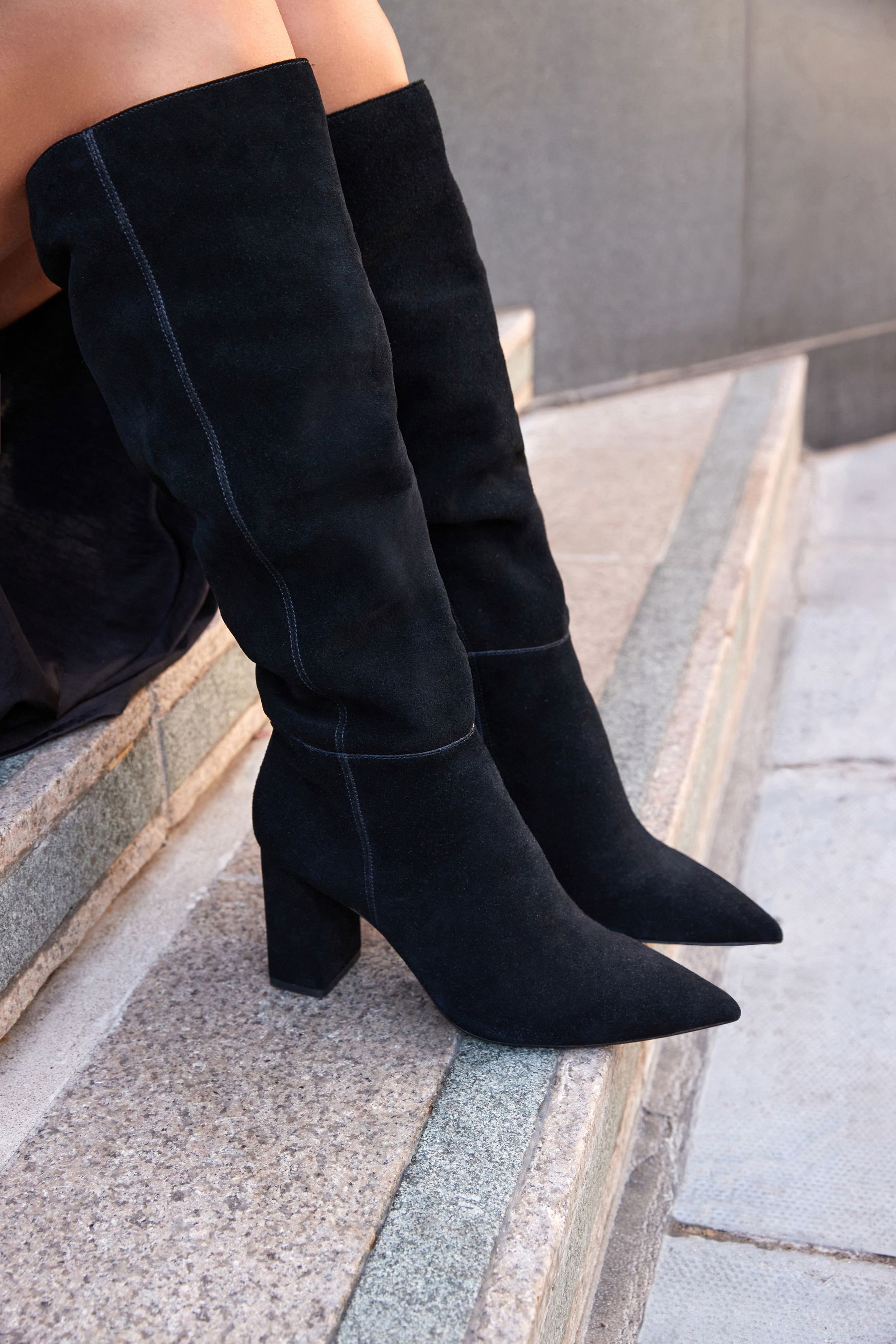 Knee high suede slouch boots deals