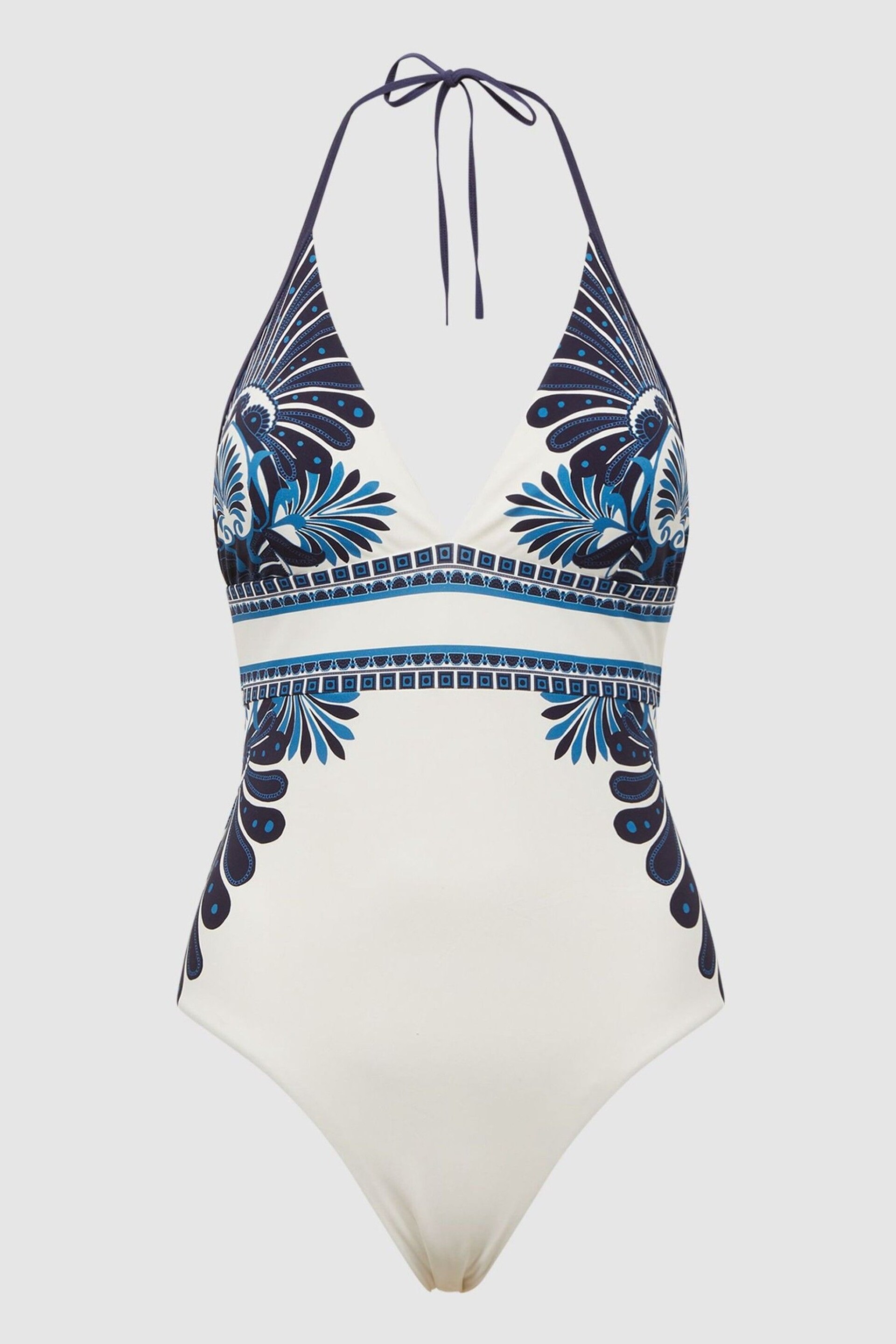 Reiss White Print Monica Printed Halter Neck Swimsuit - Image 2 of 5