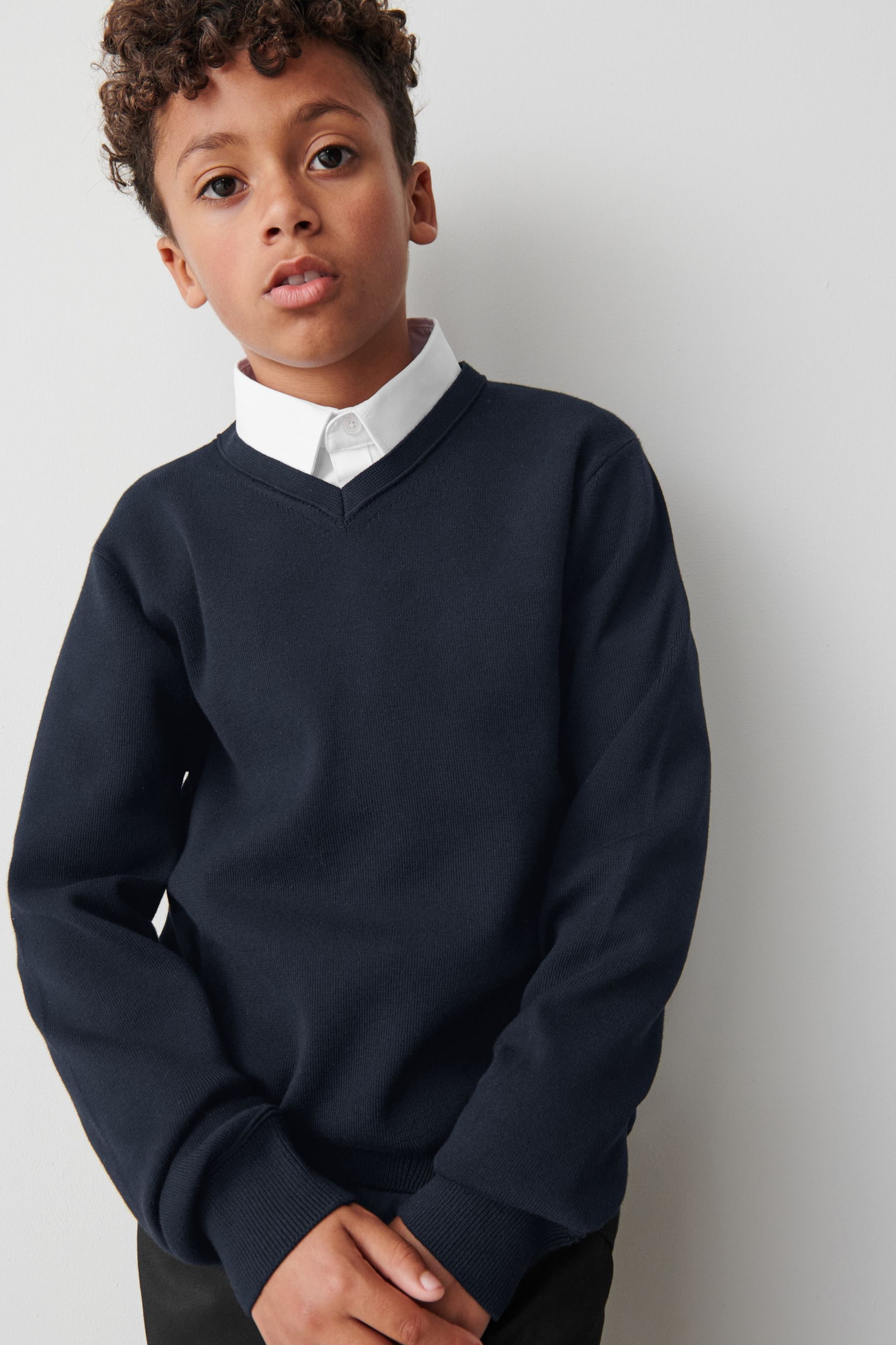 Clarks Navy Blue Long Sleeve School Knitted V-Neck Jumper - Image 1 of 5