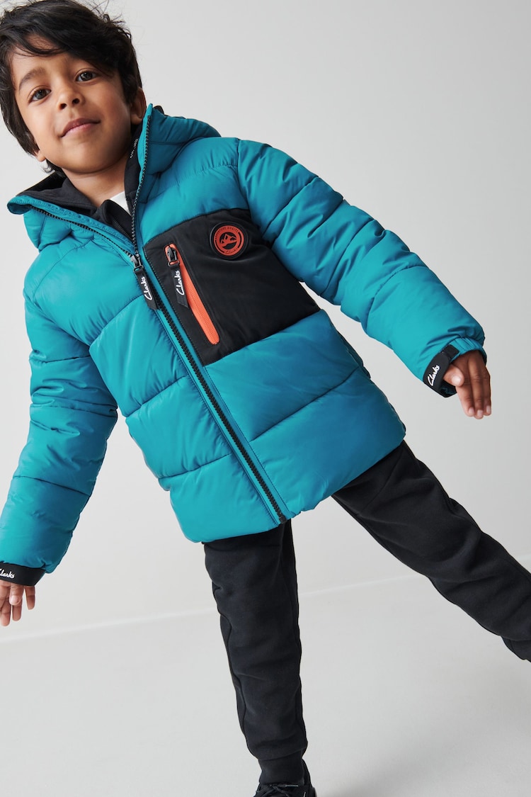 Clarks Teal Blue Boys Water Resistant Teal Puffa Coat - Image 1 of 12