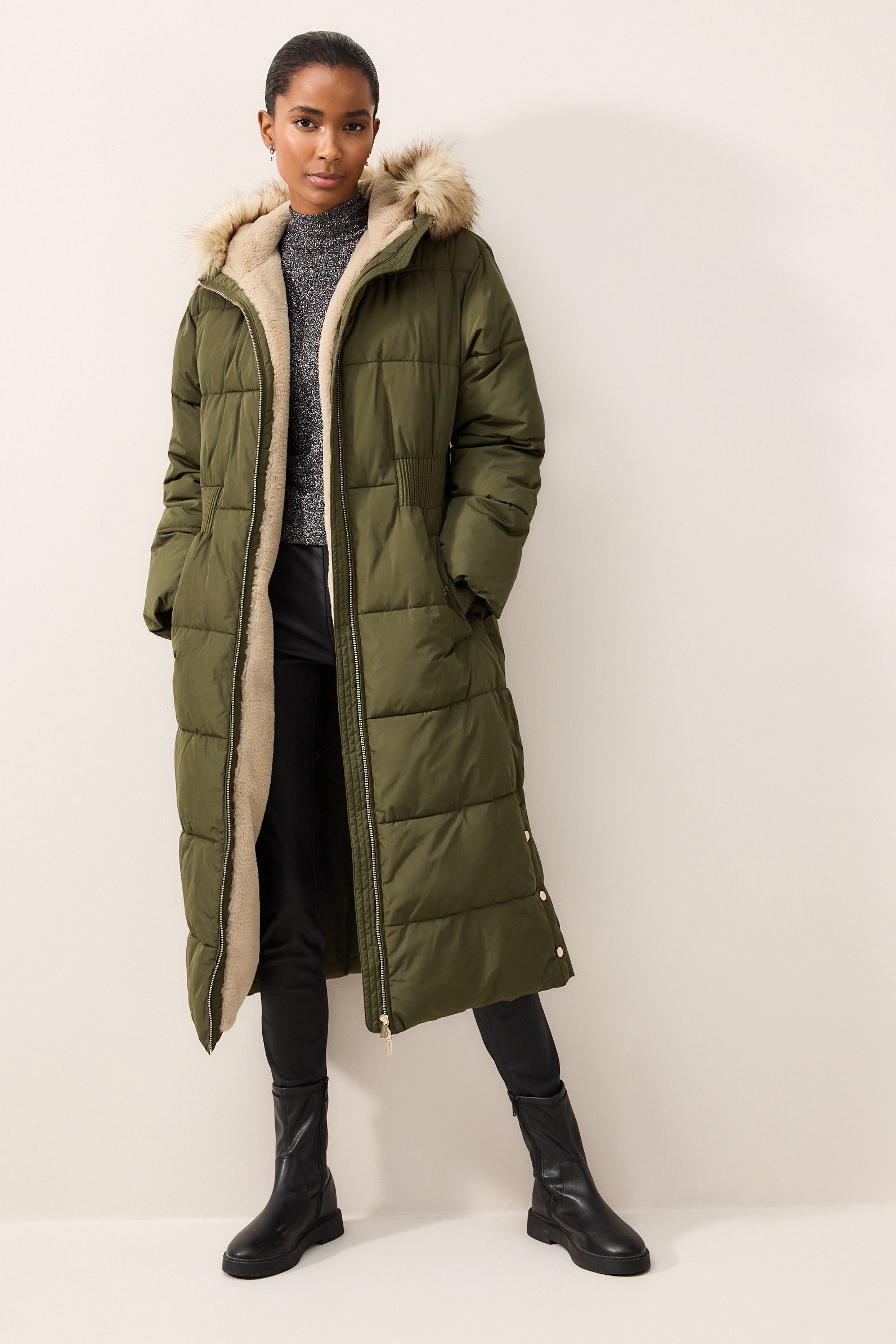 Buy Khaki Green Borg Lined Longline Hooded Padded Coat from Next Luxembourg
