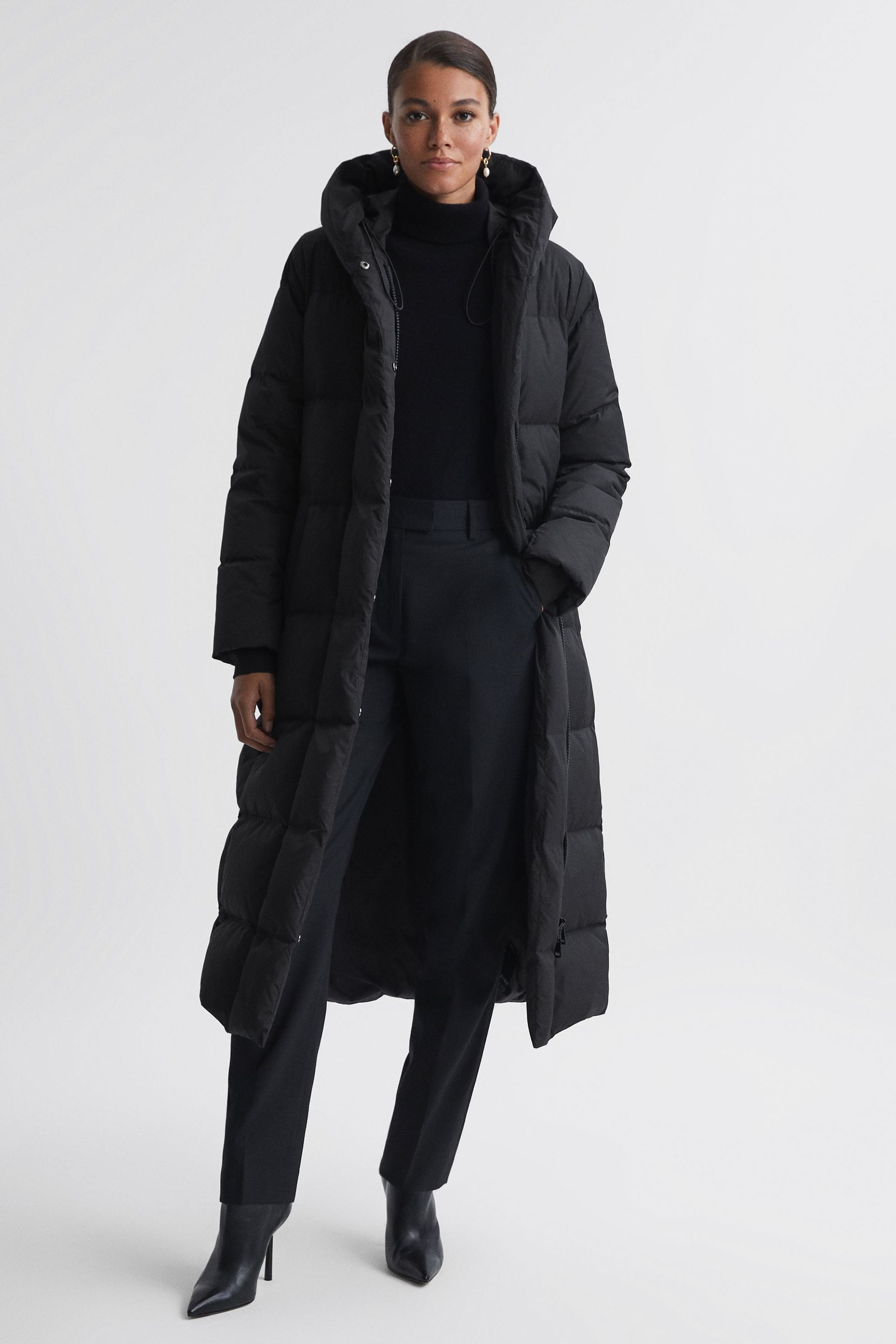 Buy Reiss Black Larissa Long Belted Puffer Coat from Next Luxembourg