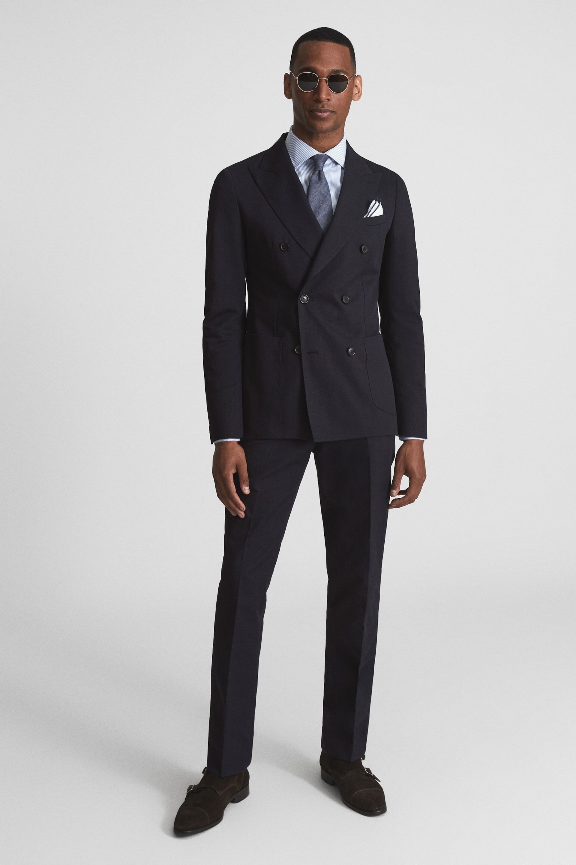 Reiss Navy Class Double Breasted Cotton-Linen Blazer - Image 3 of 7
