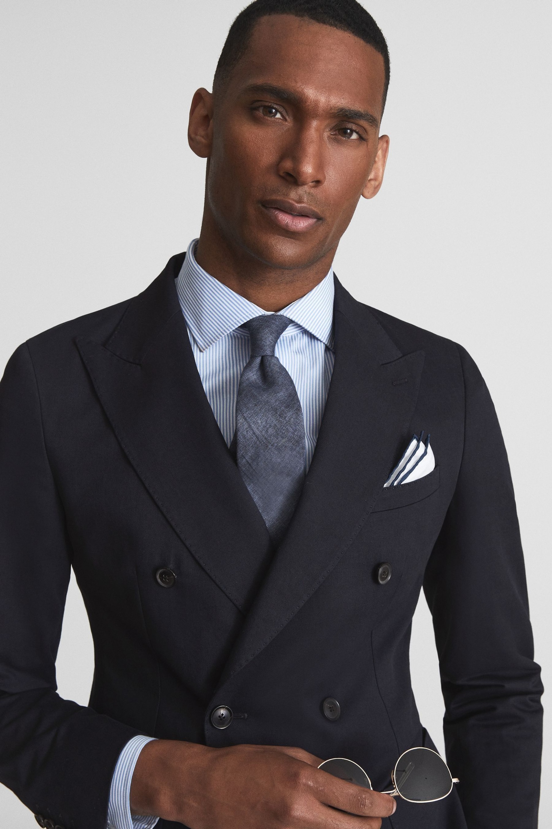 Reiss Navy Class Double Breasted Cotton-Linen Blazer - Image 4 of 7