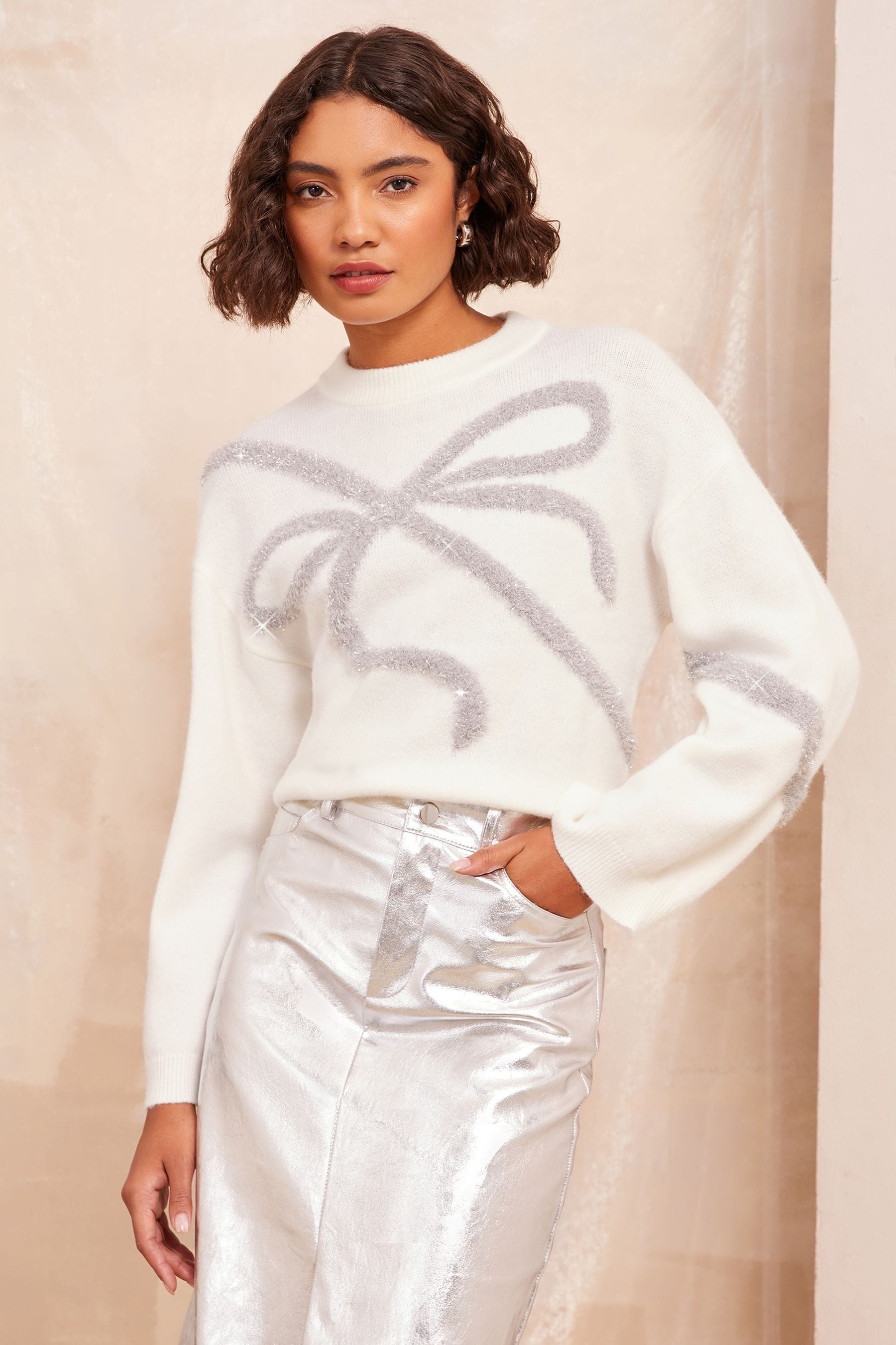 Friends Like These Cream Petite Bow Front Crew Neck Jumper