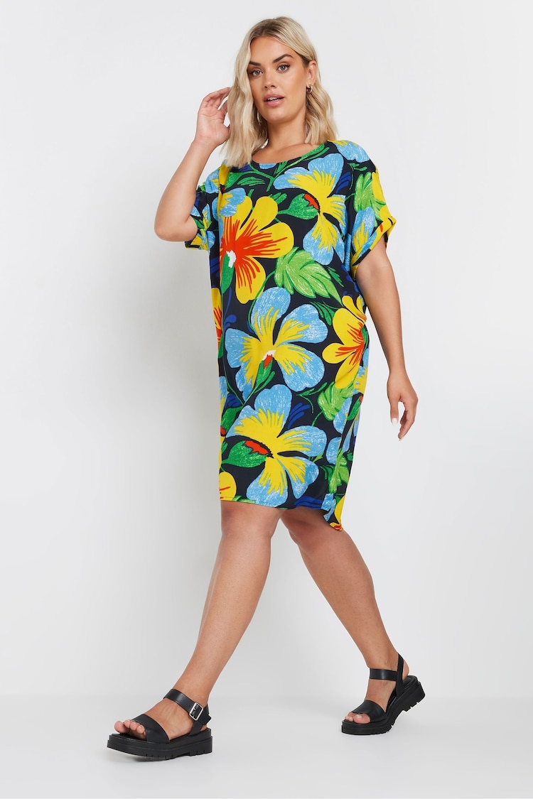 Yours Curve Yellow & Blue Floral Print Tunic Dress - Image 2 of 5