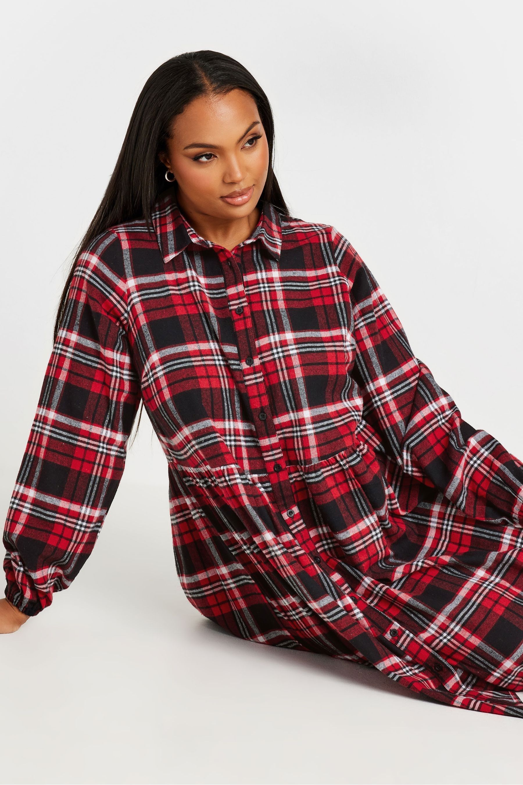Buy Yours Curve Red Limited Long Sleeve Mini Check 100 Cotton Shirt Dress from the Next UK online shop