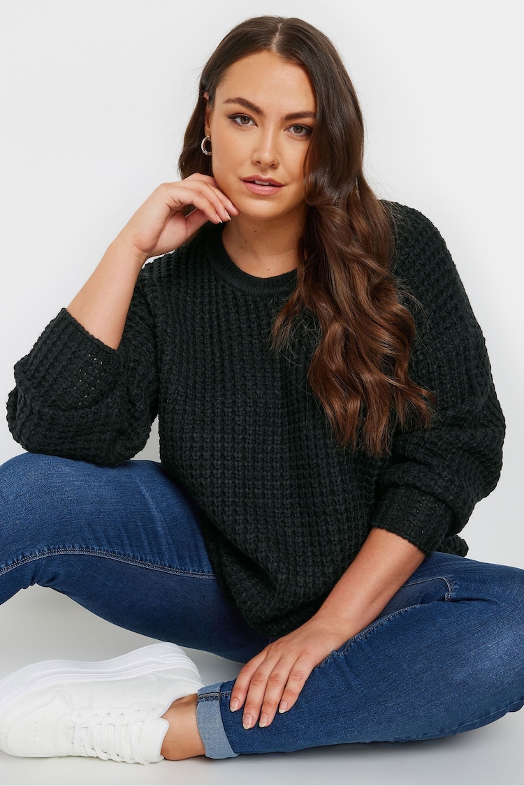 Yours Curve Black Waffle Knit Jumper - Image 1 of 6