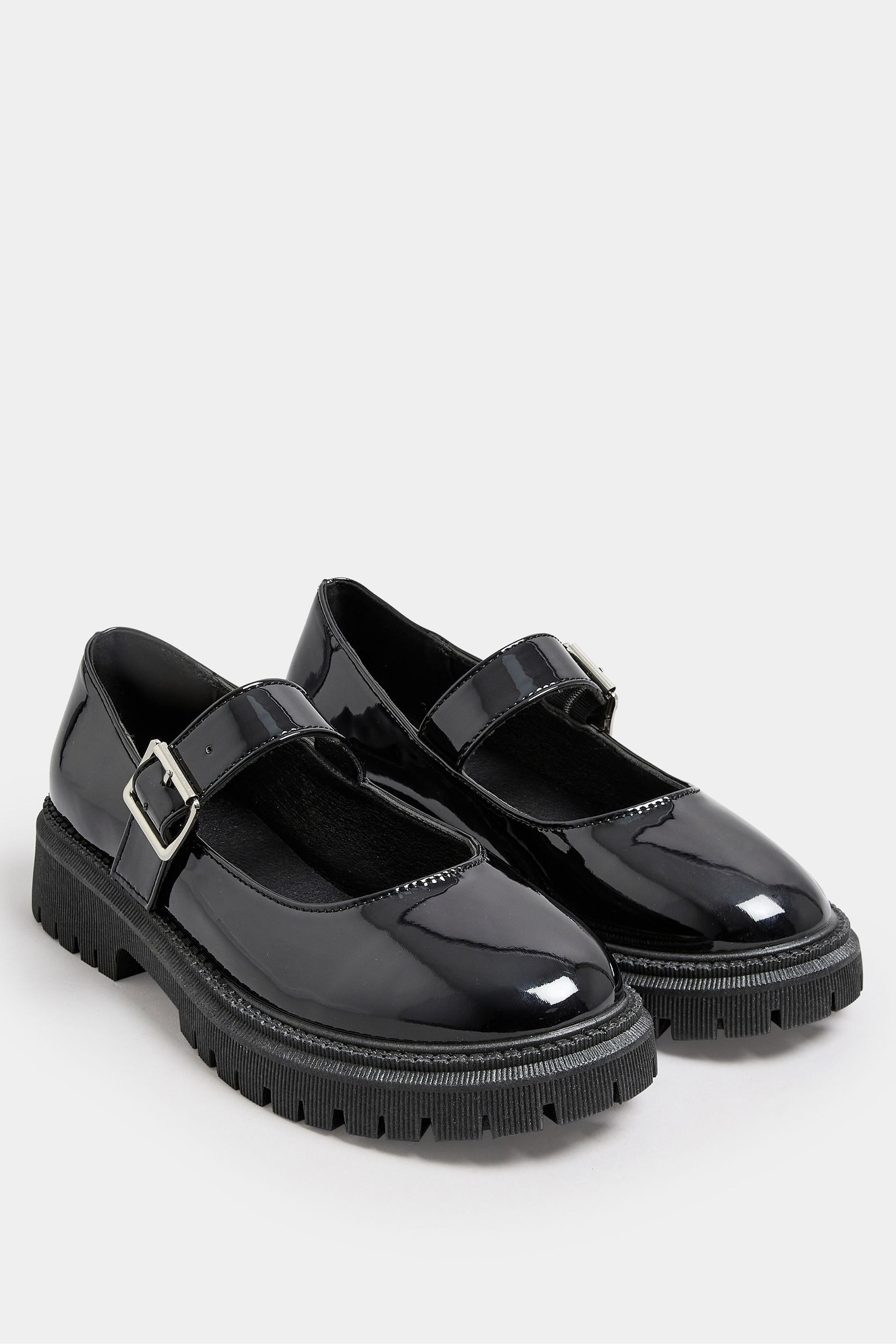 Yours Curve Black Patent Chunky Mary Jane Shoes In An Extra Wide EEE Fit
