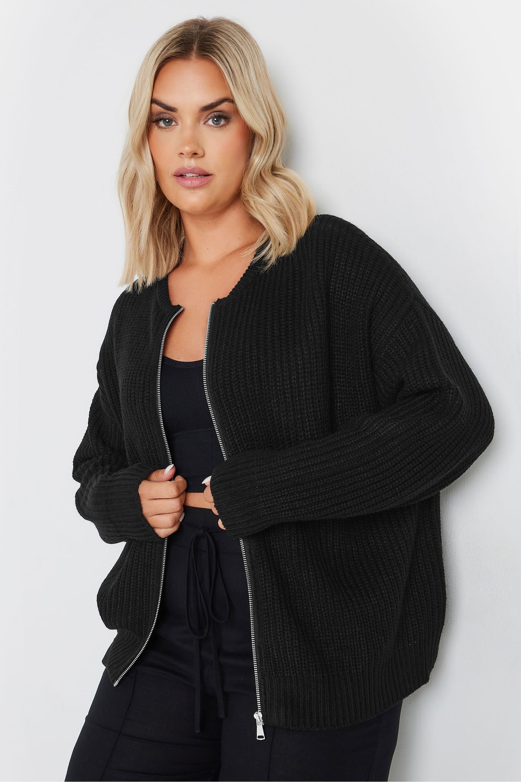 Yours Curve Black Zip Thru Knitted Bomber Cardigan 18 20 Womens