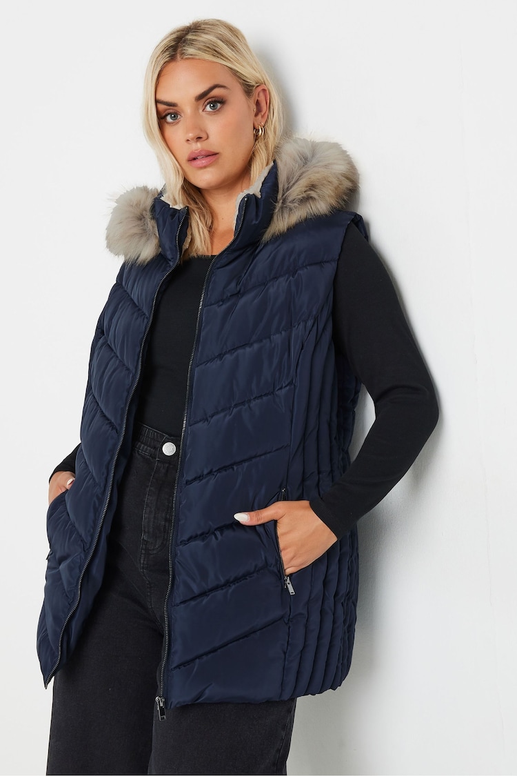 Yours Curve Blue Short Faux Fur Trim Padded Coat - Image 2 of 6