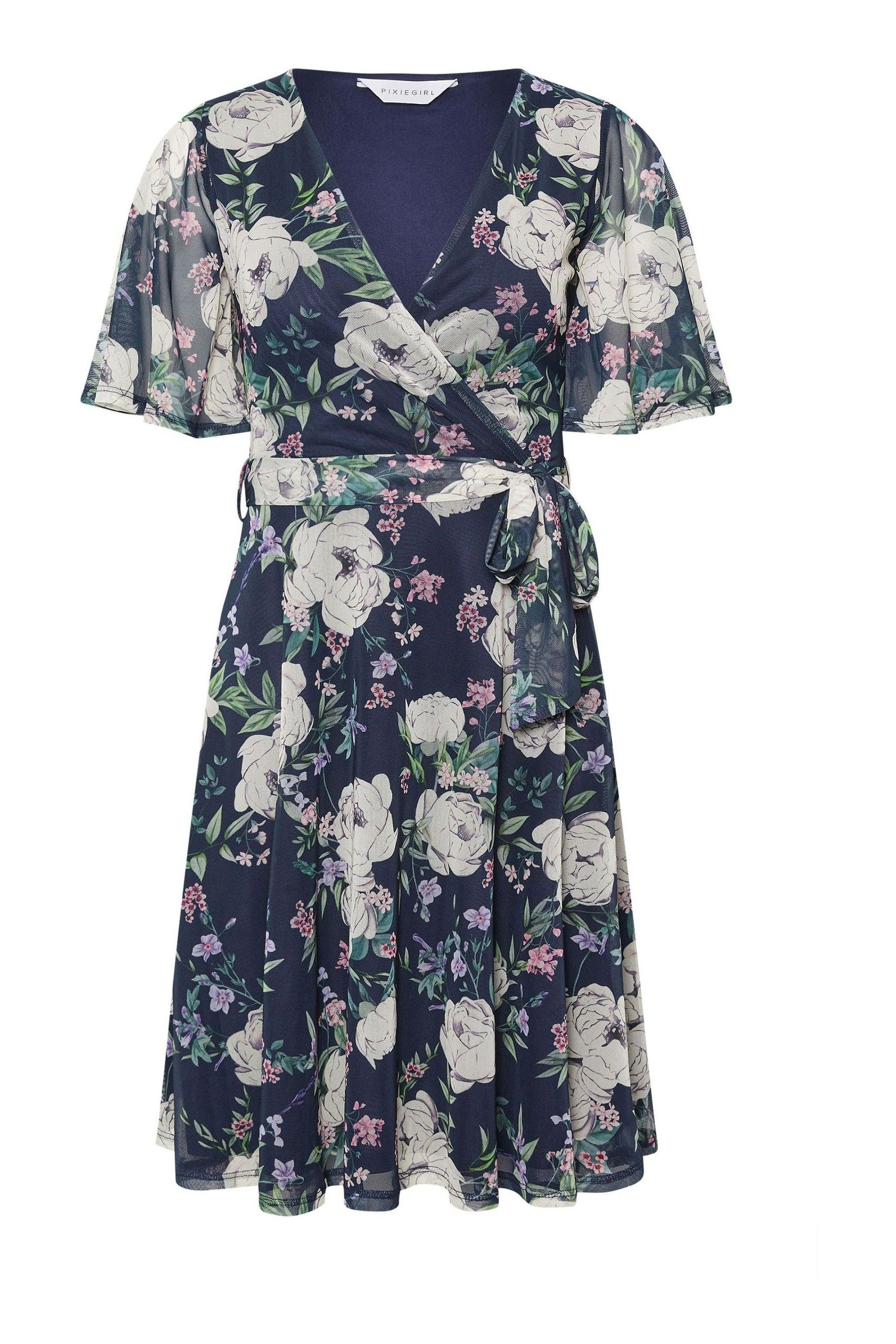 Buy PixieGirl Petite Blue Floral Mesh Wrap Midi Dress from Next USA