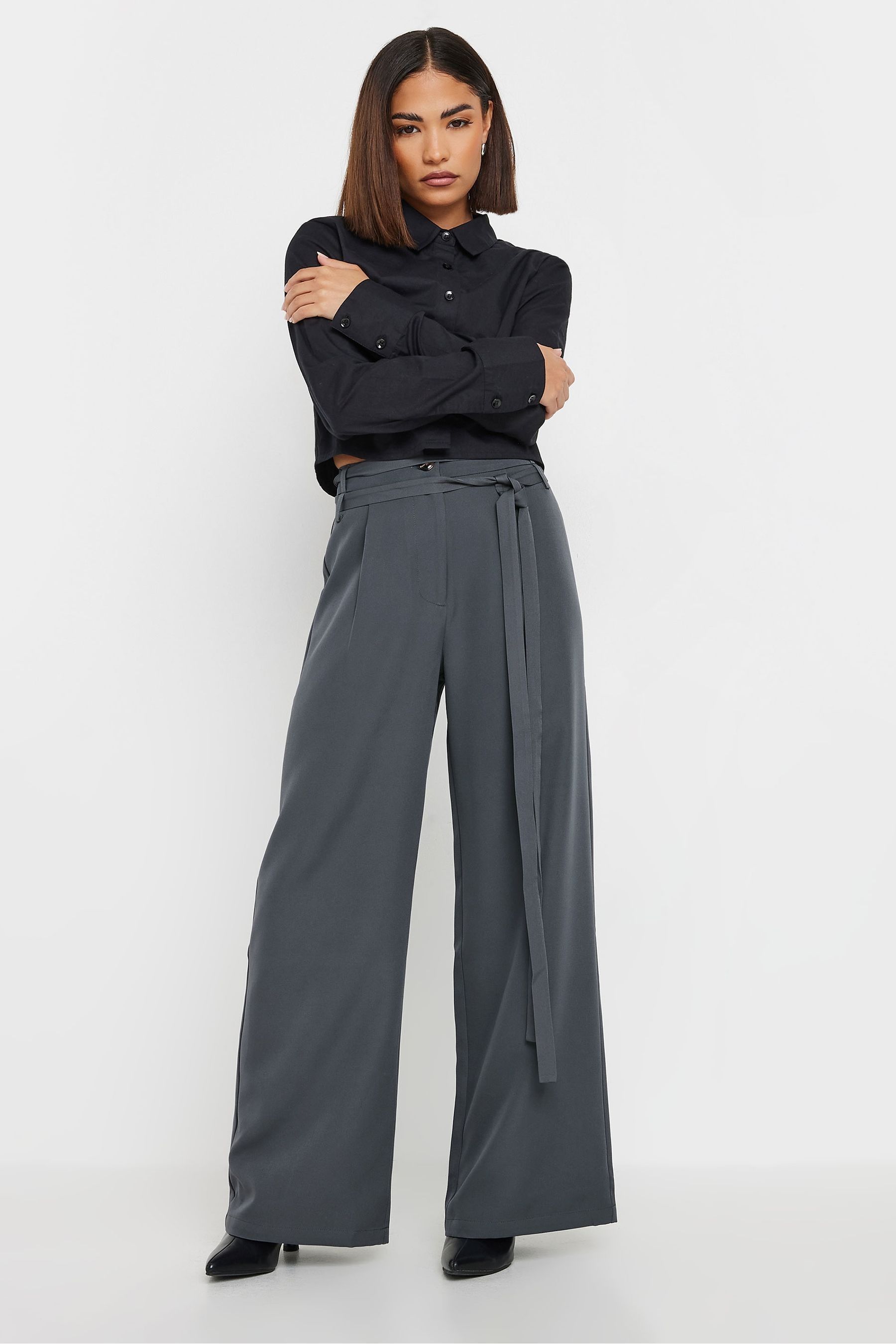 Buy PixieGirl Petite Grey Double Wrap Belted Wide Leg Trousers from Next Luxembourg