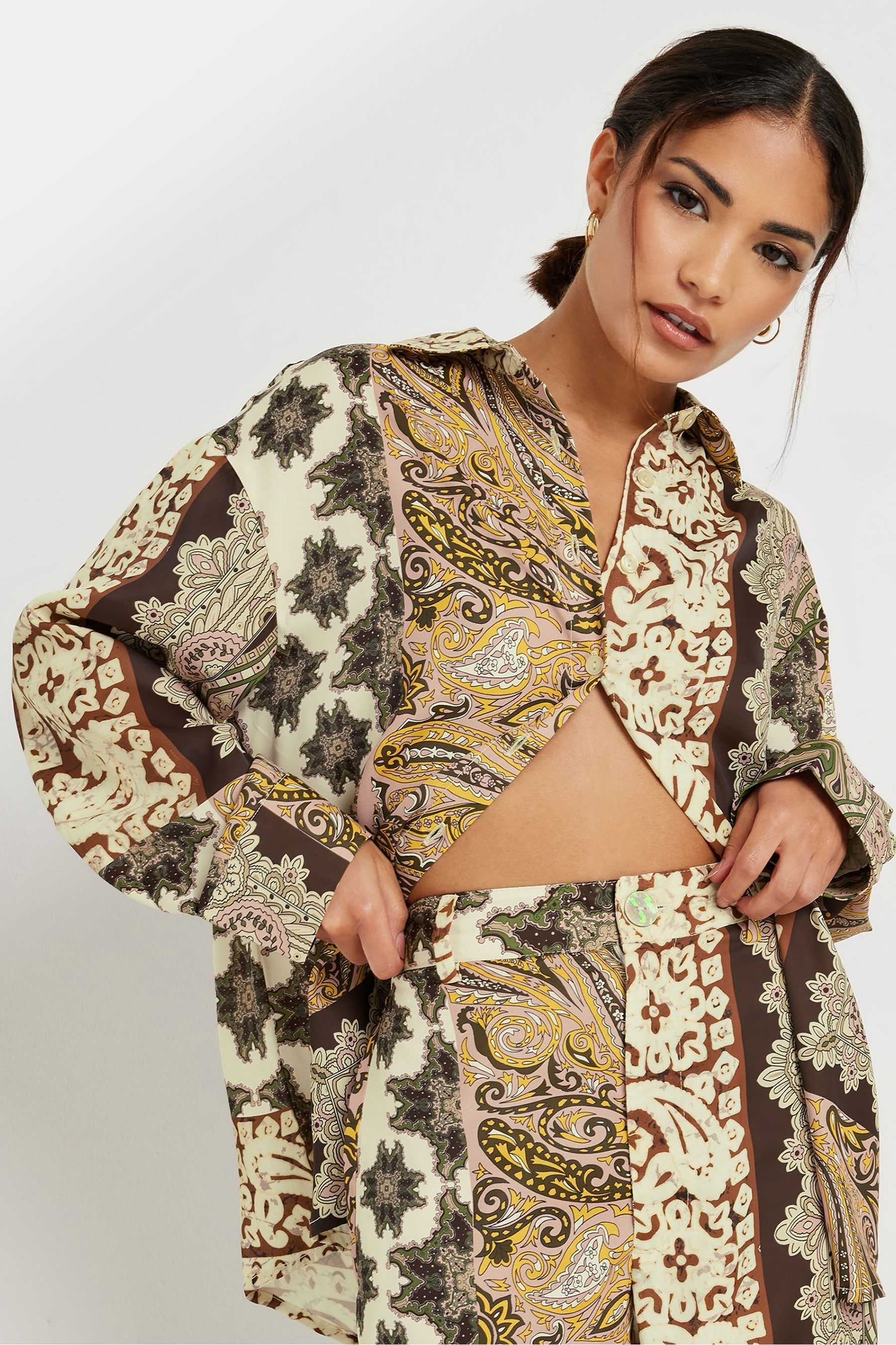 Buy PixieGirl Petite Brown Boho Patchwork Long Sleeve Shirt from Next Luxembourg
