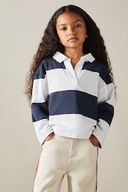 Reiss Navy Abigail Teen Oversized Cotton Striped Open-Collar Rugby Top - Image 3 of 4