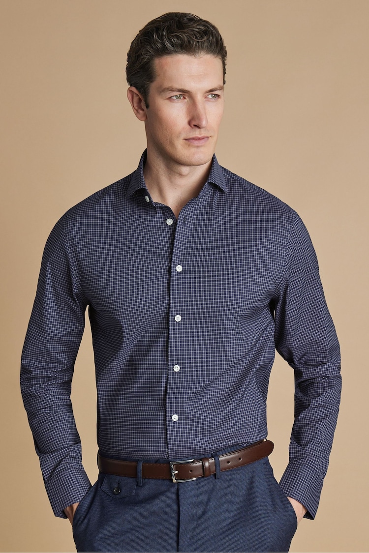 Charles Tyrwhitt Blue Slim Fit Non Iron Stretch Twill Fine Check Shirt - Image 1 of 6