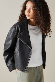 Reiss Black Beau 13-14 yrs Relaxed Leather Biker Jacket - Image 2 of 5