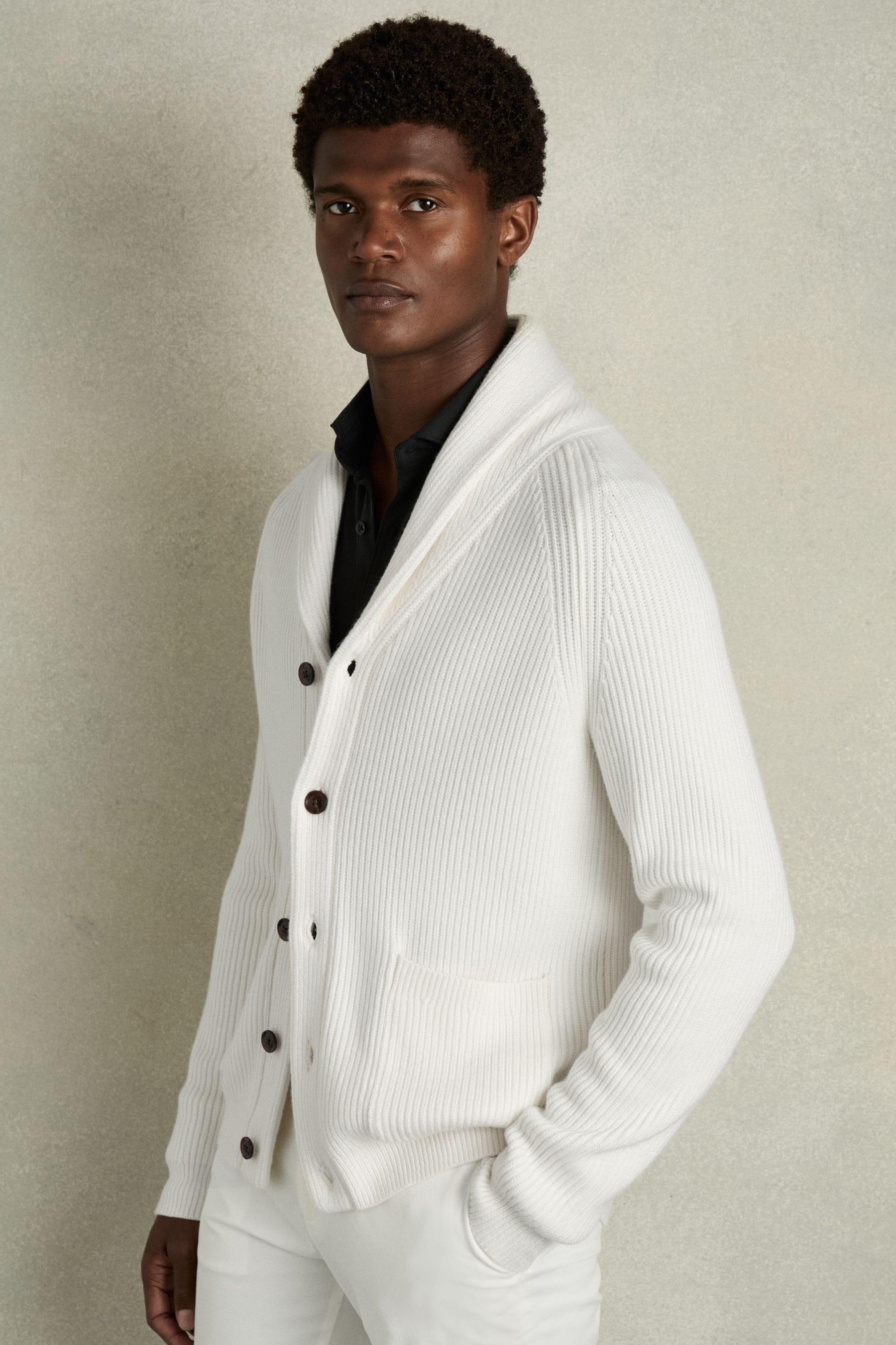 Buy Reiss White Winters Ribbed Shawl Collar Cardigan with Cotton and Wool from the Next UK online shop