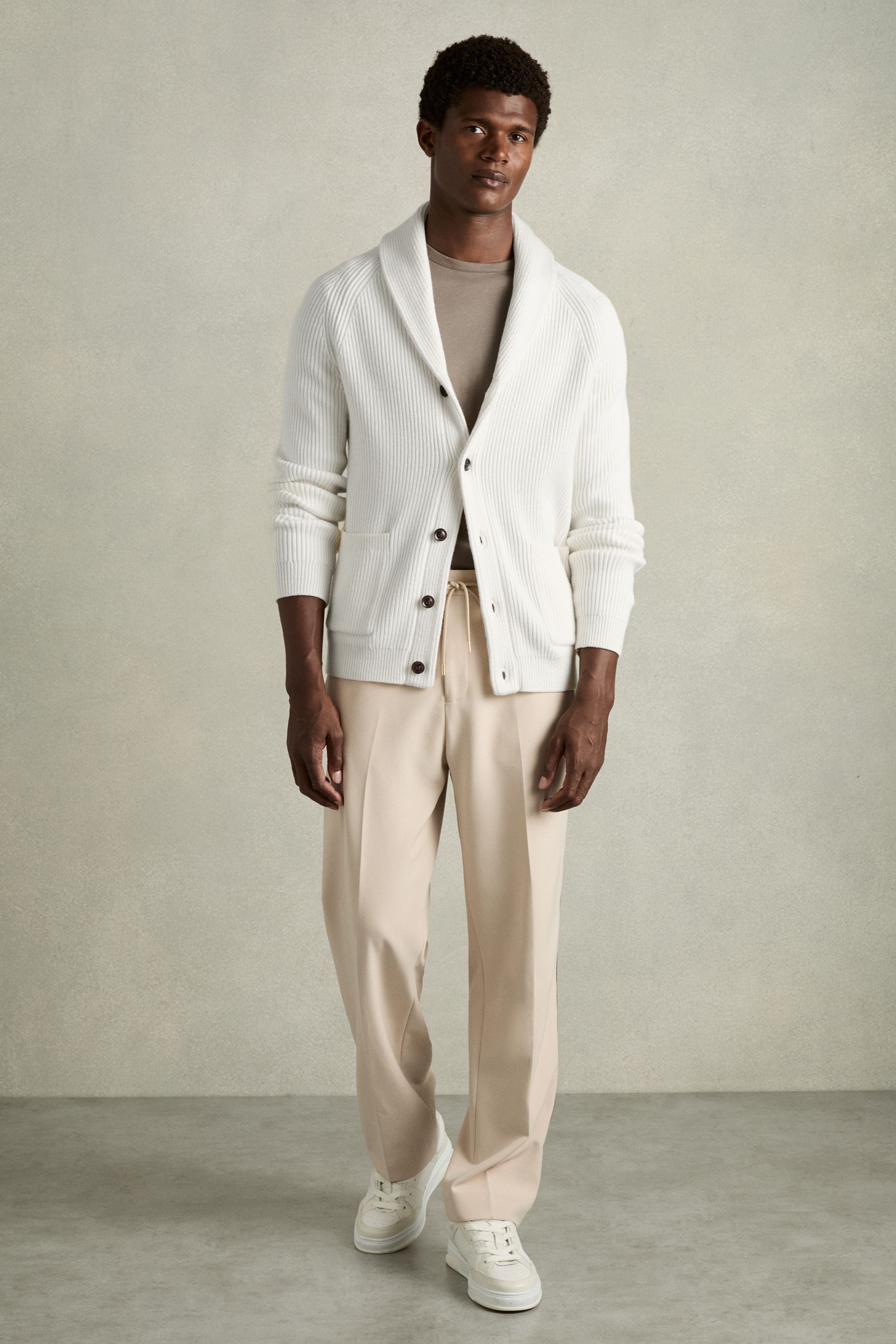 Buy Reiss White Winters Ribbed Shawl Collar Cardigan with Cotton and Wool from the Next UK online shop