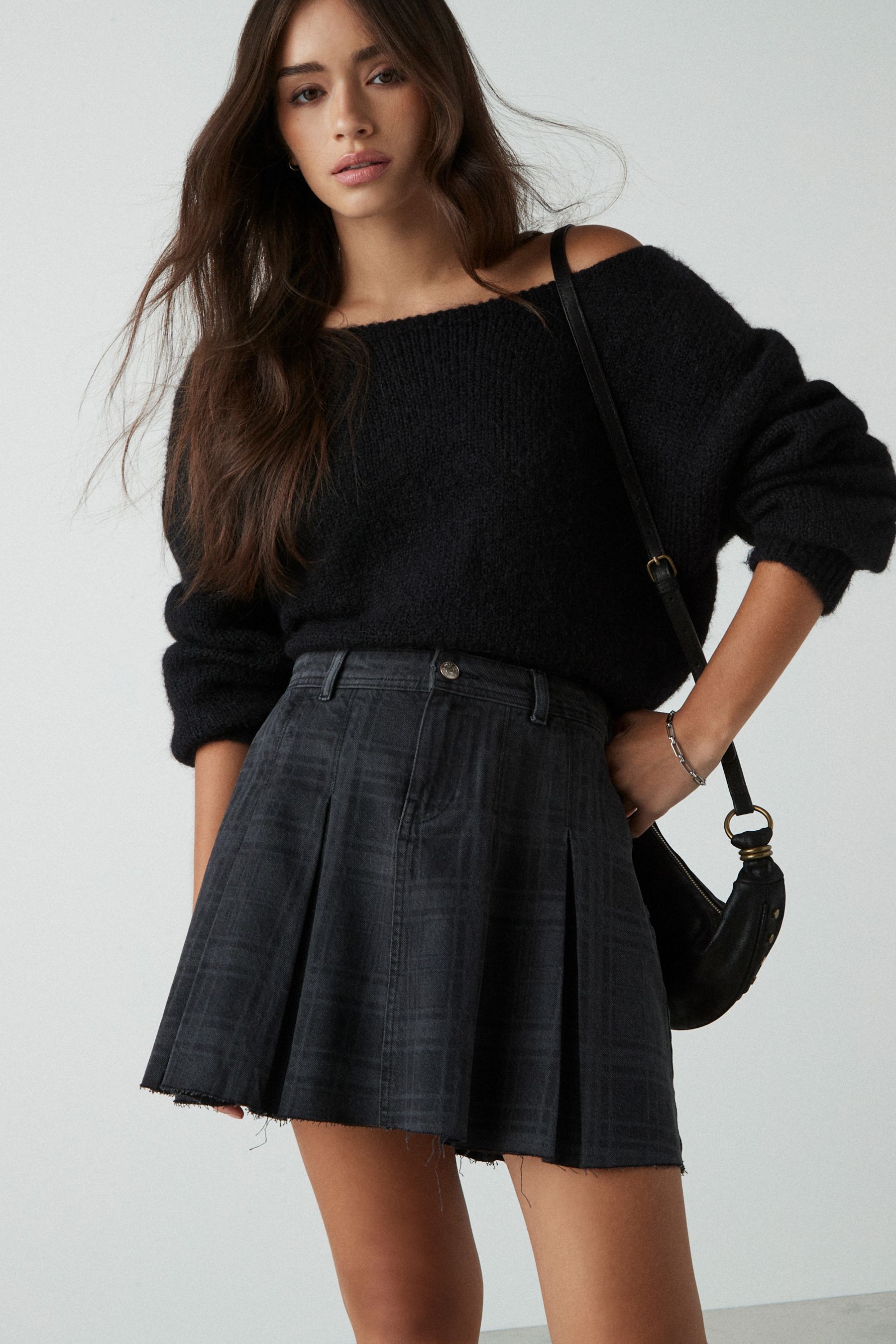 Buy Black Check 100 Cotton Pleated Denim Mini Skirt from Next Luxembourg
