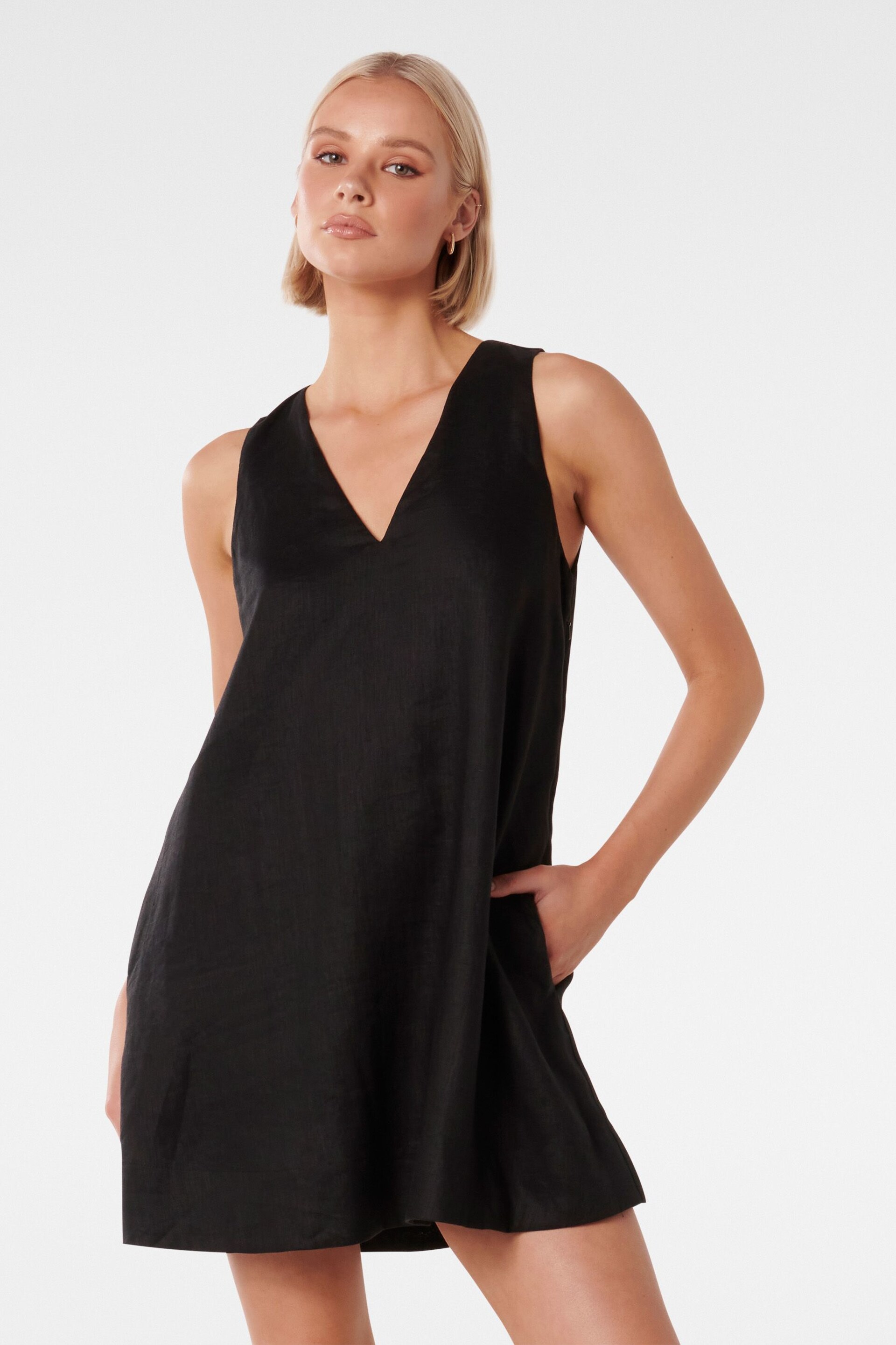 Forever New Black Pure Linen Tottie Mini Swing Dress - Image 1 of 5