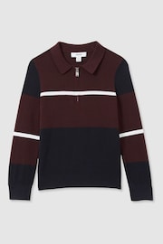 Reiss Navy/Bordeaux/White Tokyo Colour Block Quarter Zip Polo Shirt - Image 2 of 4