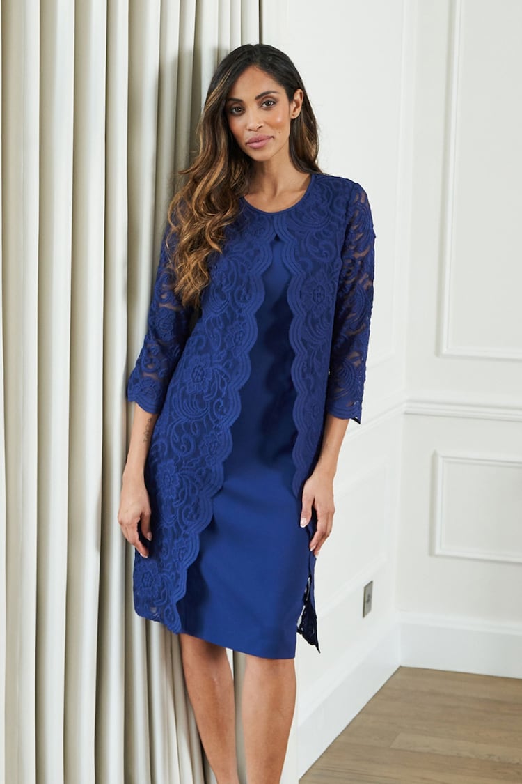 Gina Bacconi Blue Clarabelle Mock Lace Jacket And Crepe Dress - Image 1 of 6