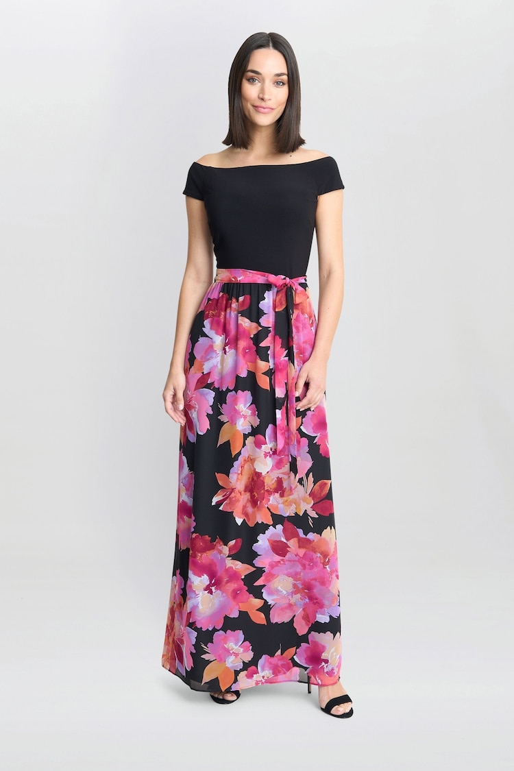 Gina Bacconi Ruth Printed Maxi Black Dress With Jersey Bodice - Image 1 of 4