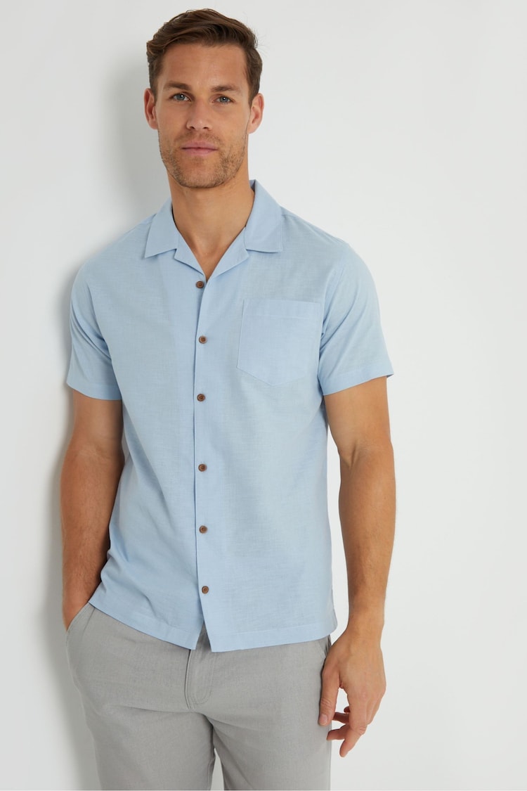 Threadbare Blue Cotton Revere Collar Short Sleeve 100% Cotton Shirt - Image 1 of 4