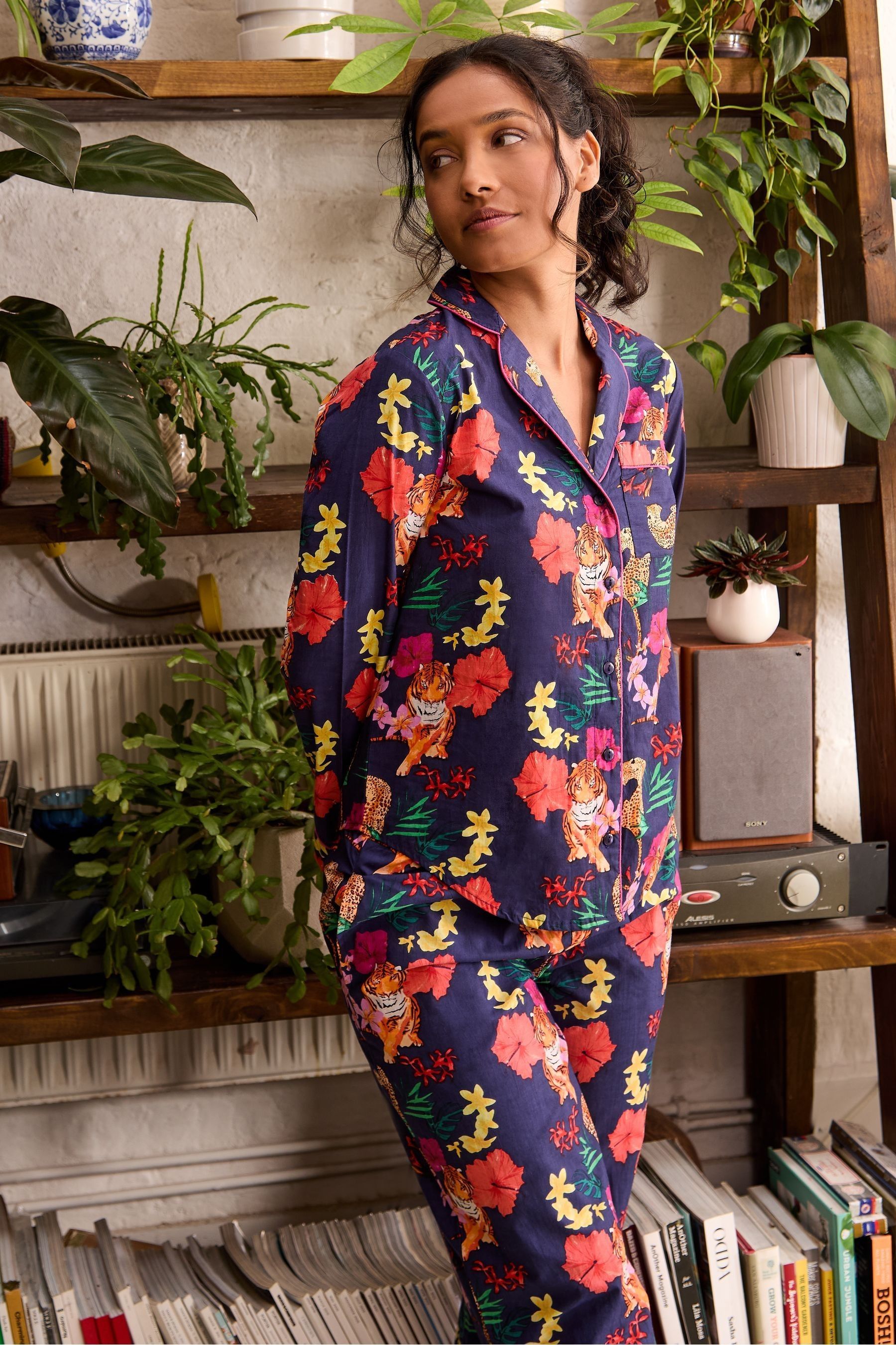 Their Nibs Navy Tropical Tiger 100 Cotton Long Traditional Pyjamas Set