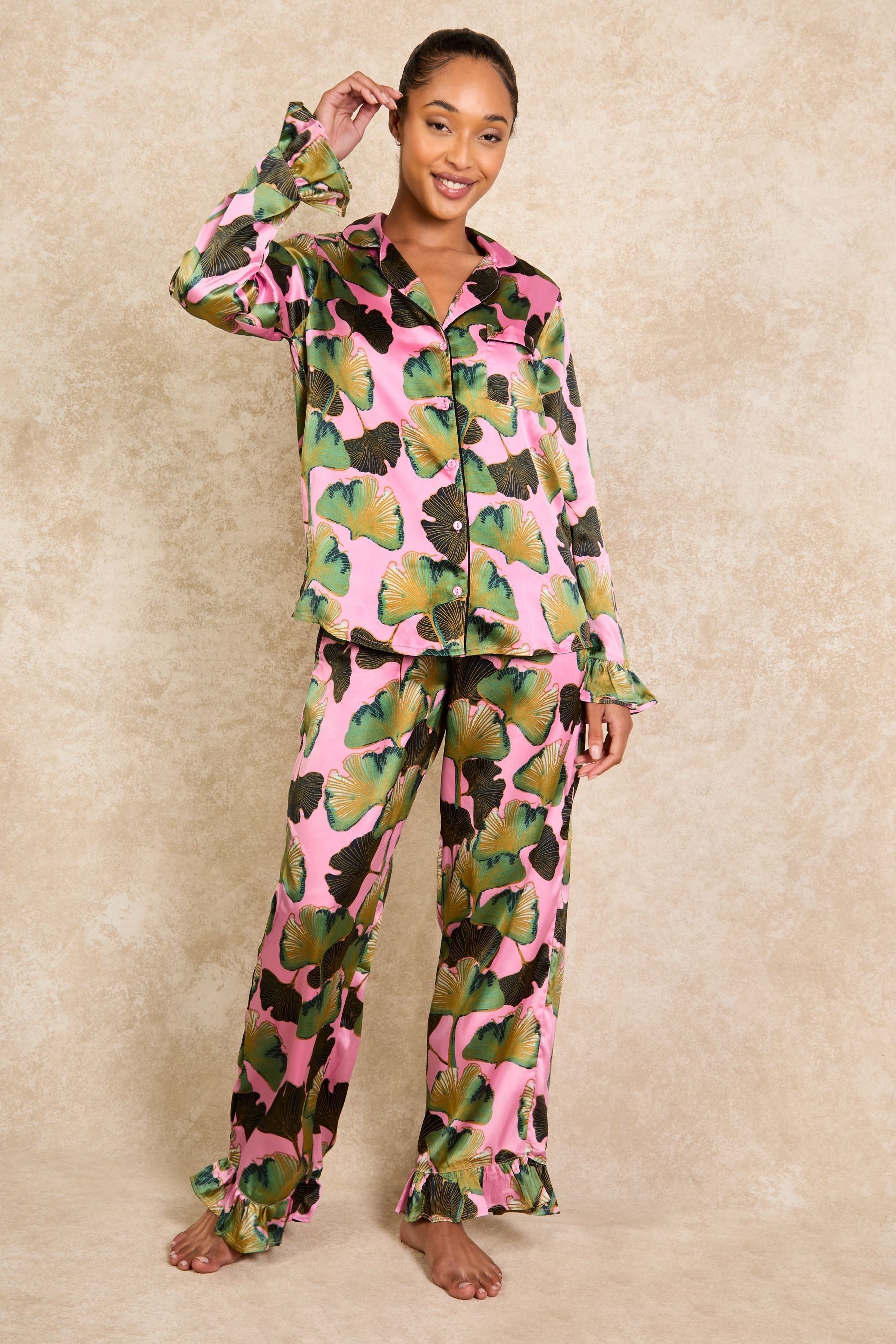 Their Nibs Hot Pink Tassle Recycled Satin Frill Traditional Pyjamas Set XL Womens
