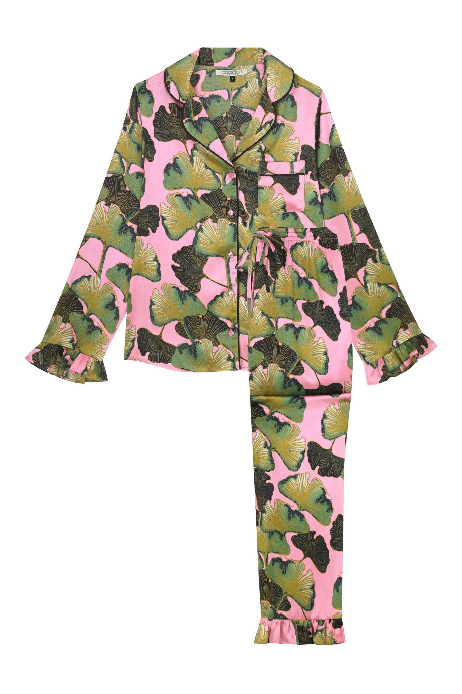 Buy Their Nibs Hot Pink Thirties Palms Recycled Satin Frill Traditional Pyjamas Set from Next Canada