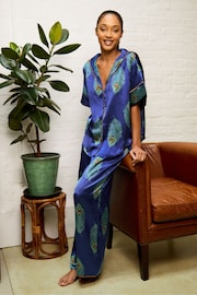 Their Nibs Navy Oversized Peacock Feather Recycled Satin Long Pyjamas Set - Image 1 of 5