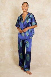 Their Nibs Navy Oversized Peacock Feather Recycled Satin Long Pyjamas Set - Image 3 of 5