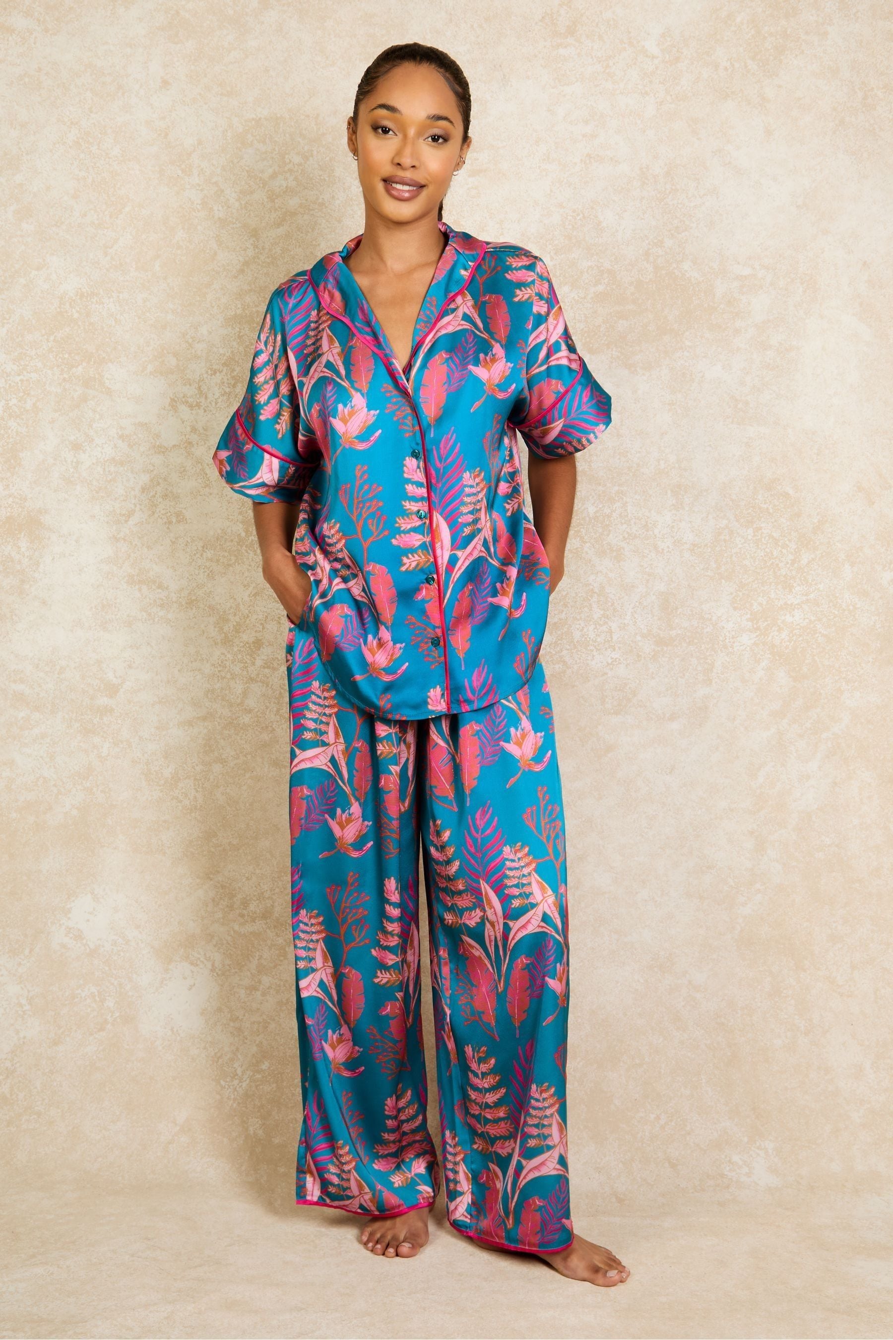 Their Nibs Blue Oversized Ferns Recycled Satin Long Pyjamas Set S Womens