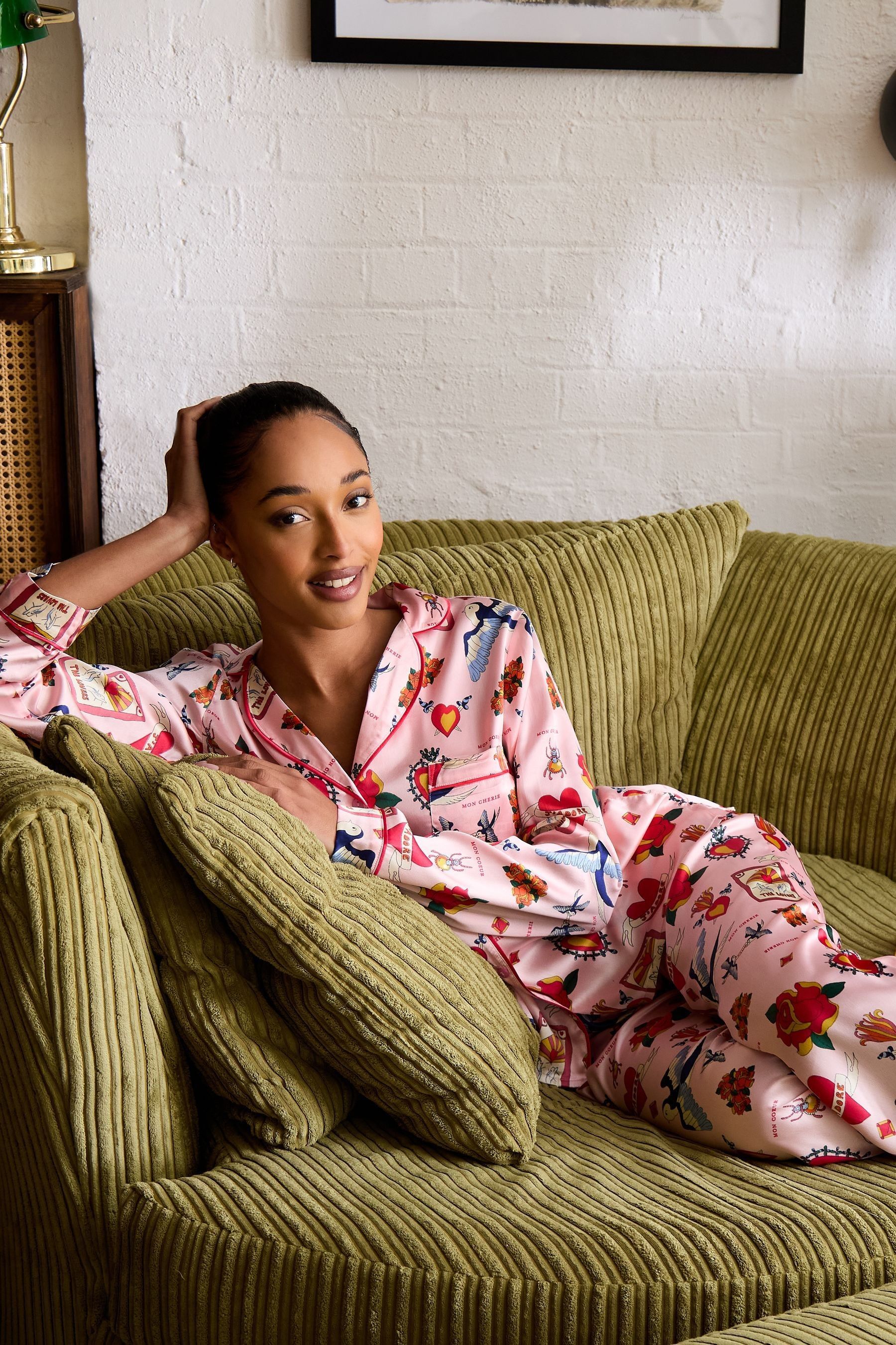 Their Nibs Pink Mon Coeur Recycled Satin Long Traditional Pyjamas Set M Womens