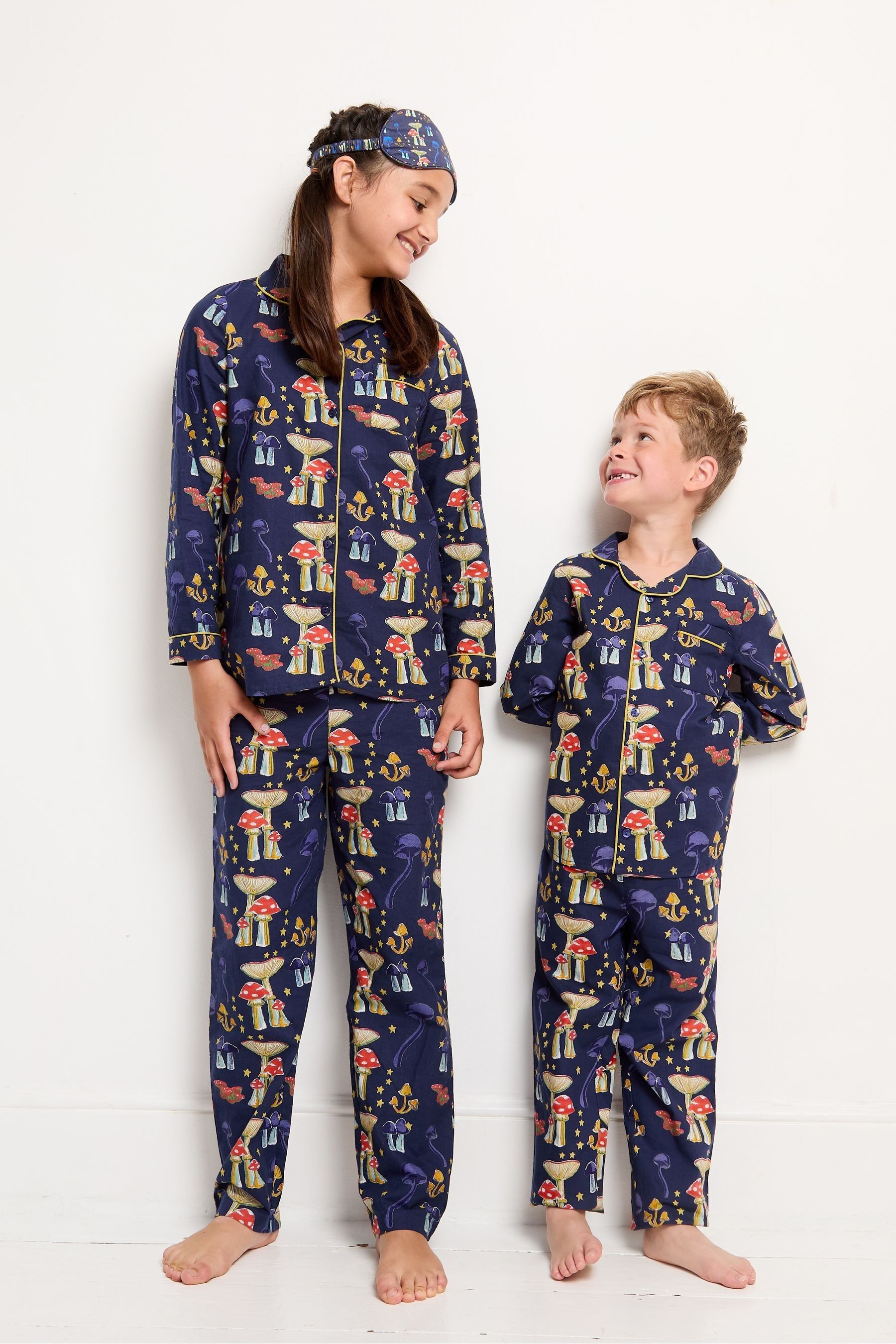 Their Nibs Navy Mushroom Stars 100 Cotton Traditional Long Pyjamas 3 4 Yrs Boys