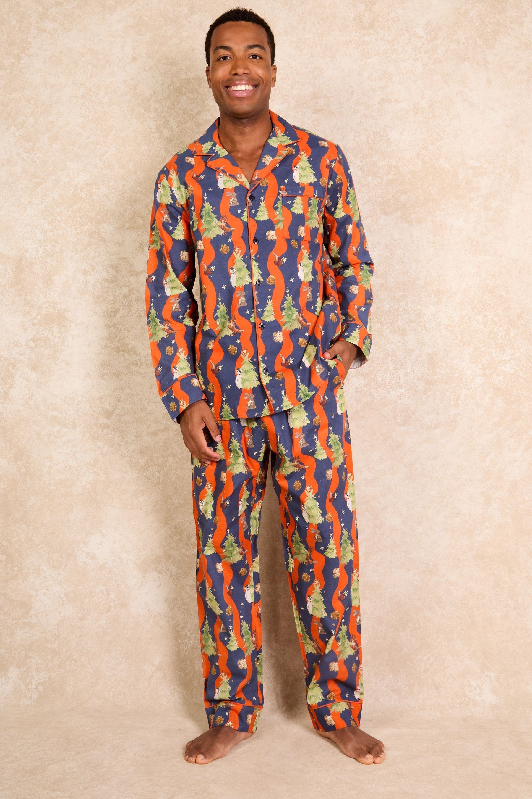 Their Nibs Navy Christmas Tree Magic 100 Cotton Traditional Long Pyjamas M Mens
