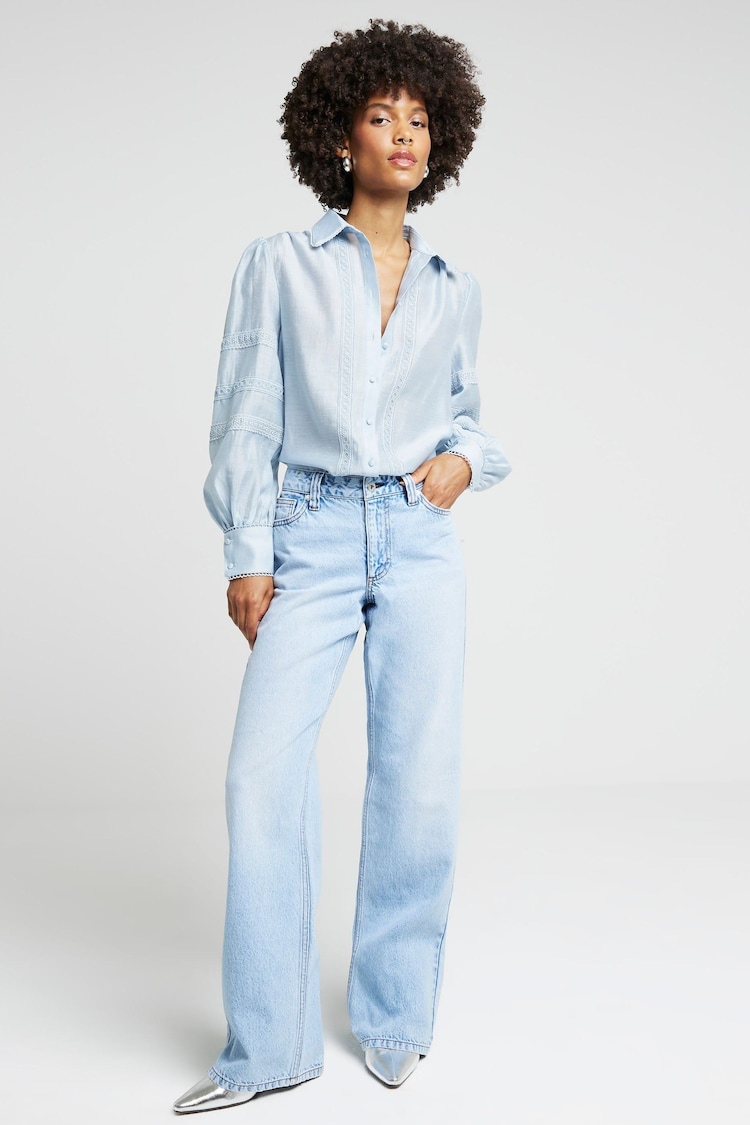 River Island Blue Linen and Lace Trim Shirt - Image 1 of 4