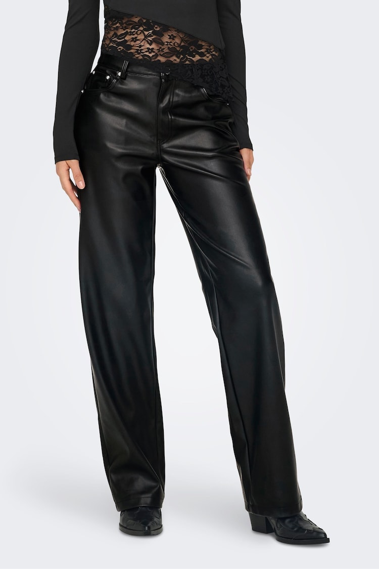 ONLY Black High Waist Wide Leg Faux Leather Trousers - Image 1 of 6