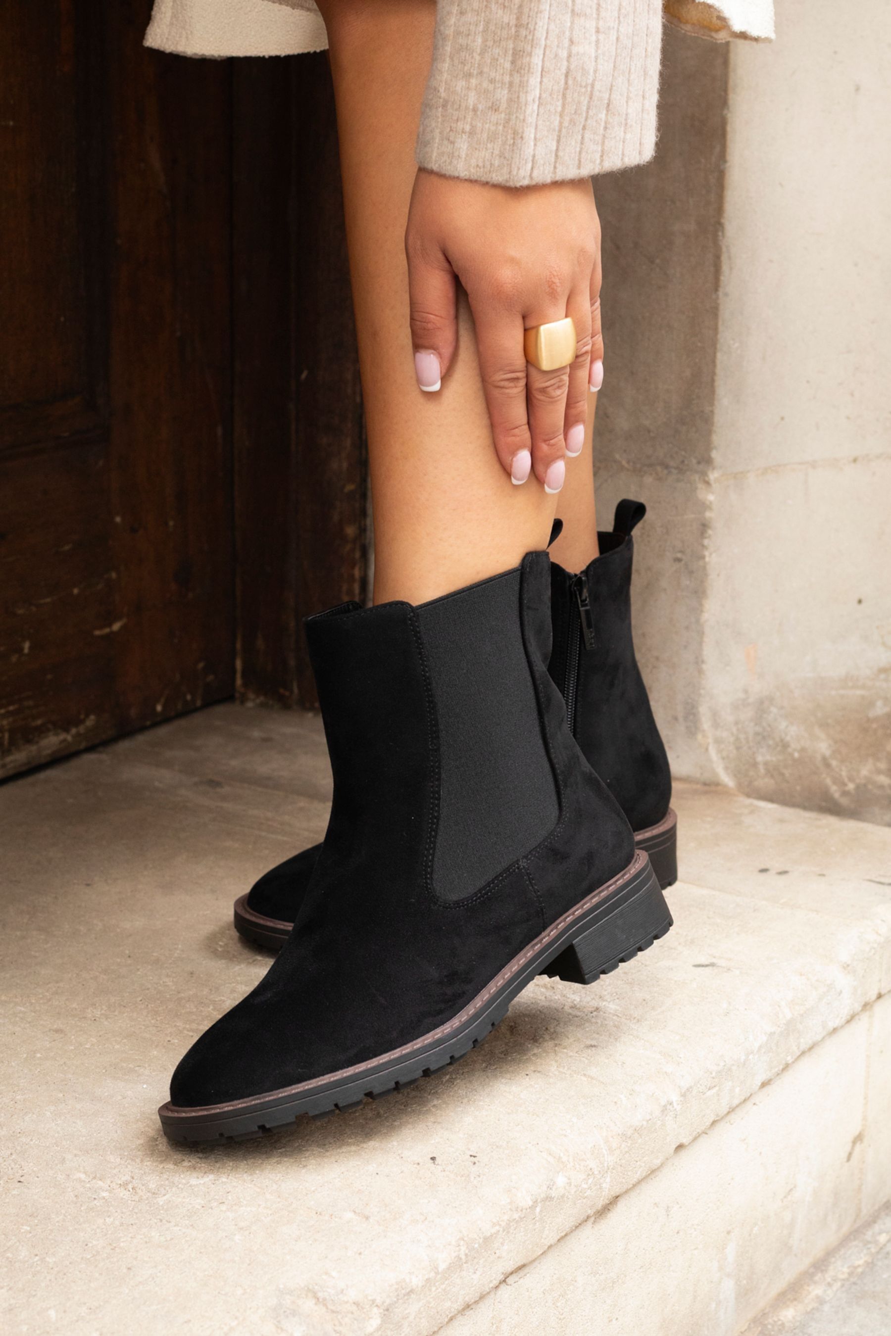 Buy Linzi Black Holland Wide Fit Faux Suede Chelsea Boots With Stretch Panel from the Next UK online shop