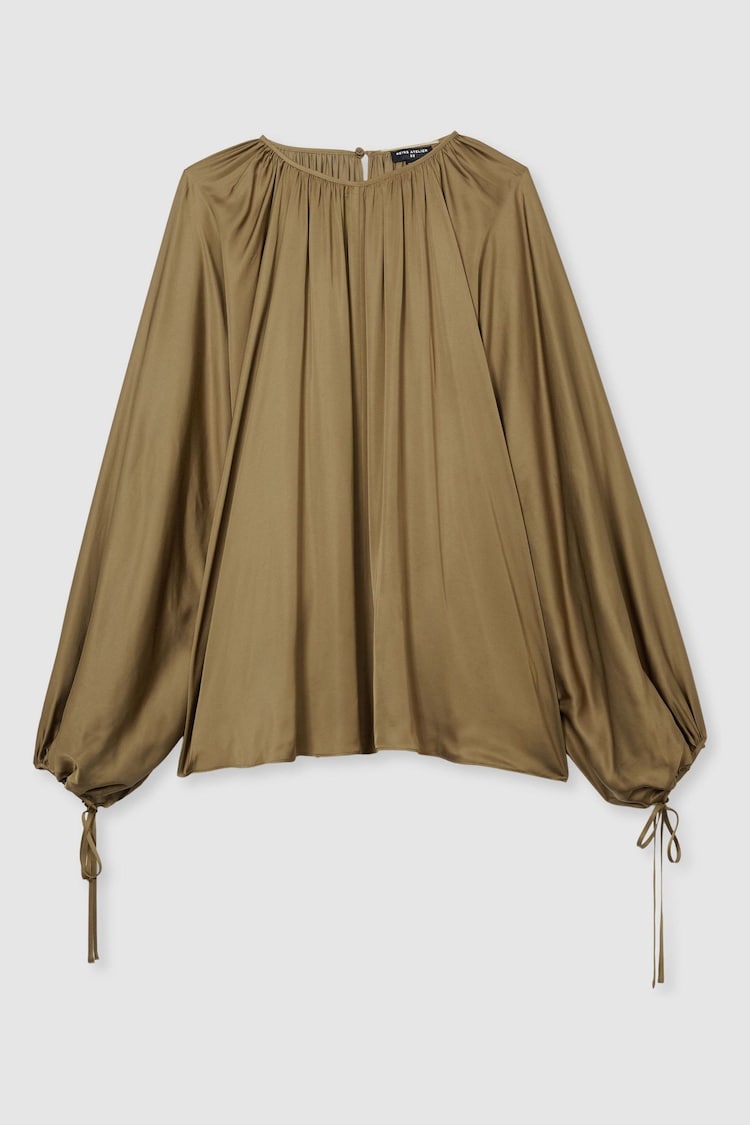 Reiss Khaki Finley Atelier Gathered Satin Top - Image 2 of 7