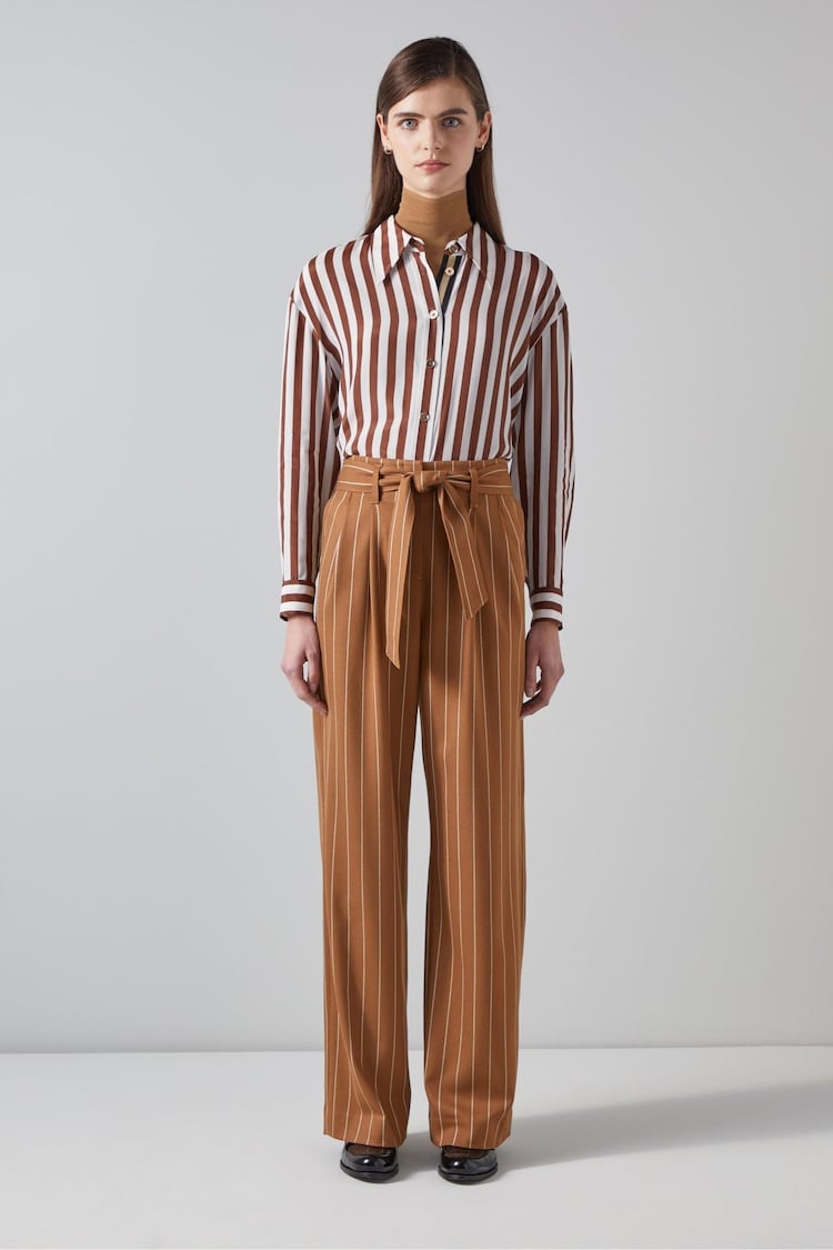 LK Bennett Ellis Cognac Multi Stripe Fluid Brown Trousers - Image 1 of 4