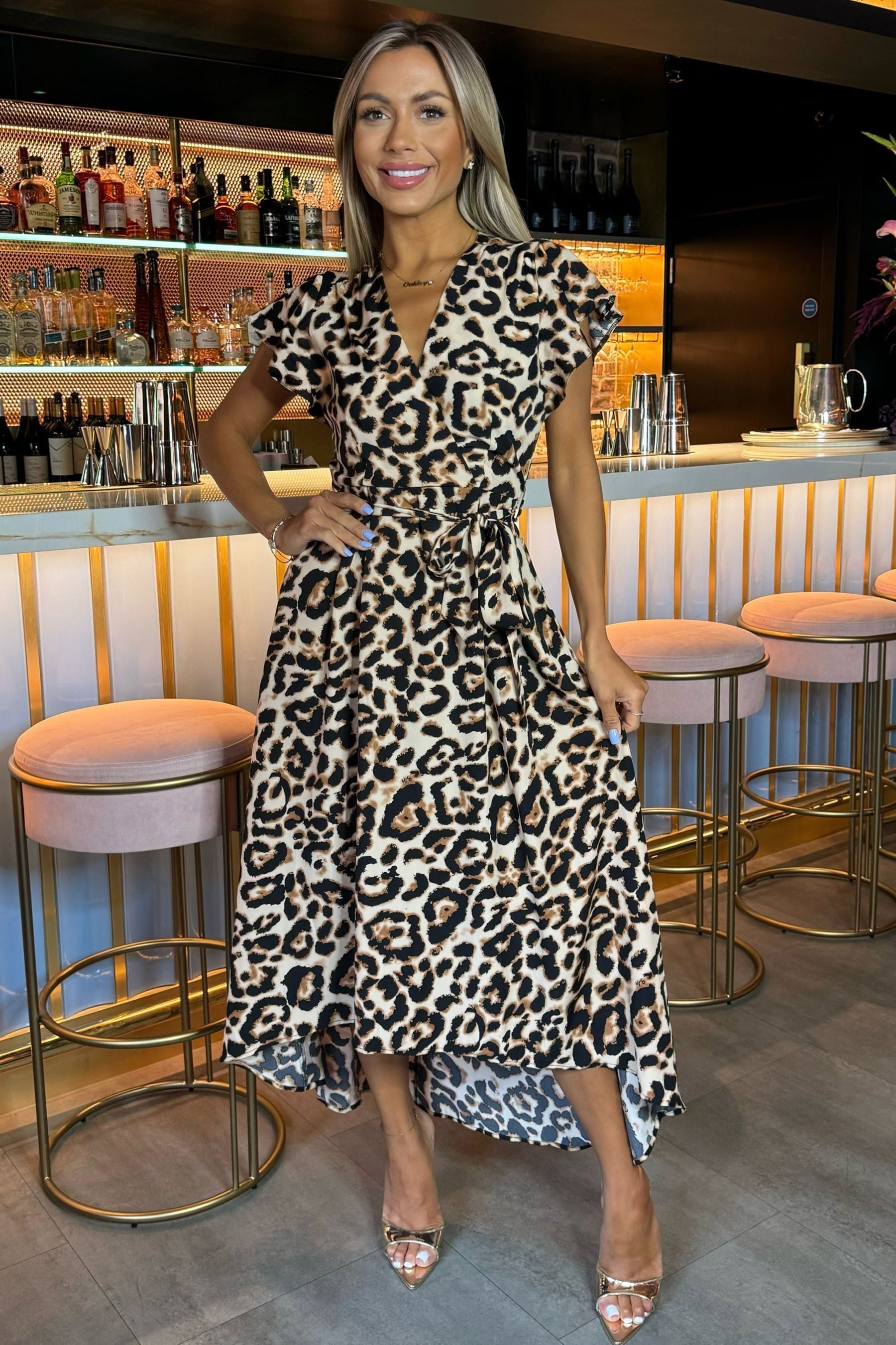 AX Paris Multi Leopard Print Short Sleeve Belted Wrap Brown Midi Dress