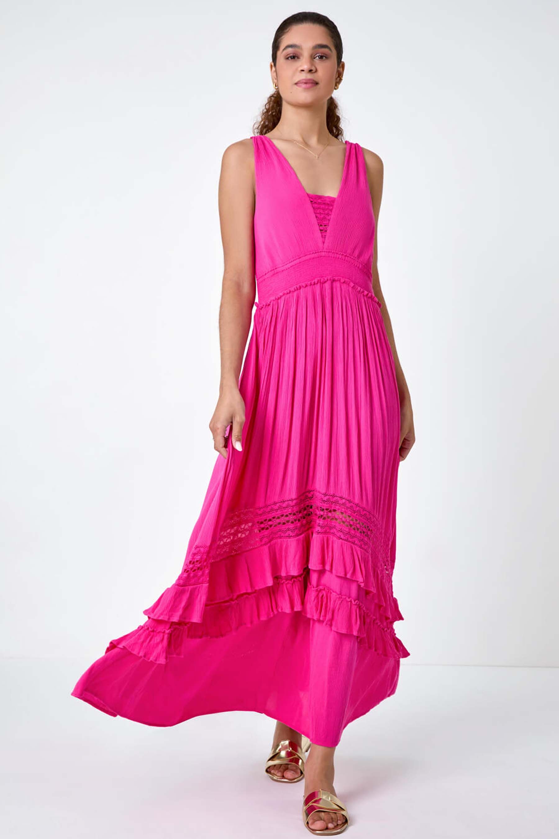 Roman Pink Lace Detail Shirred Frill Maxi Dress